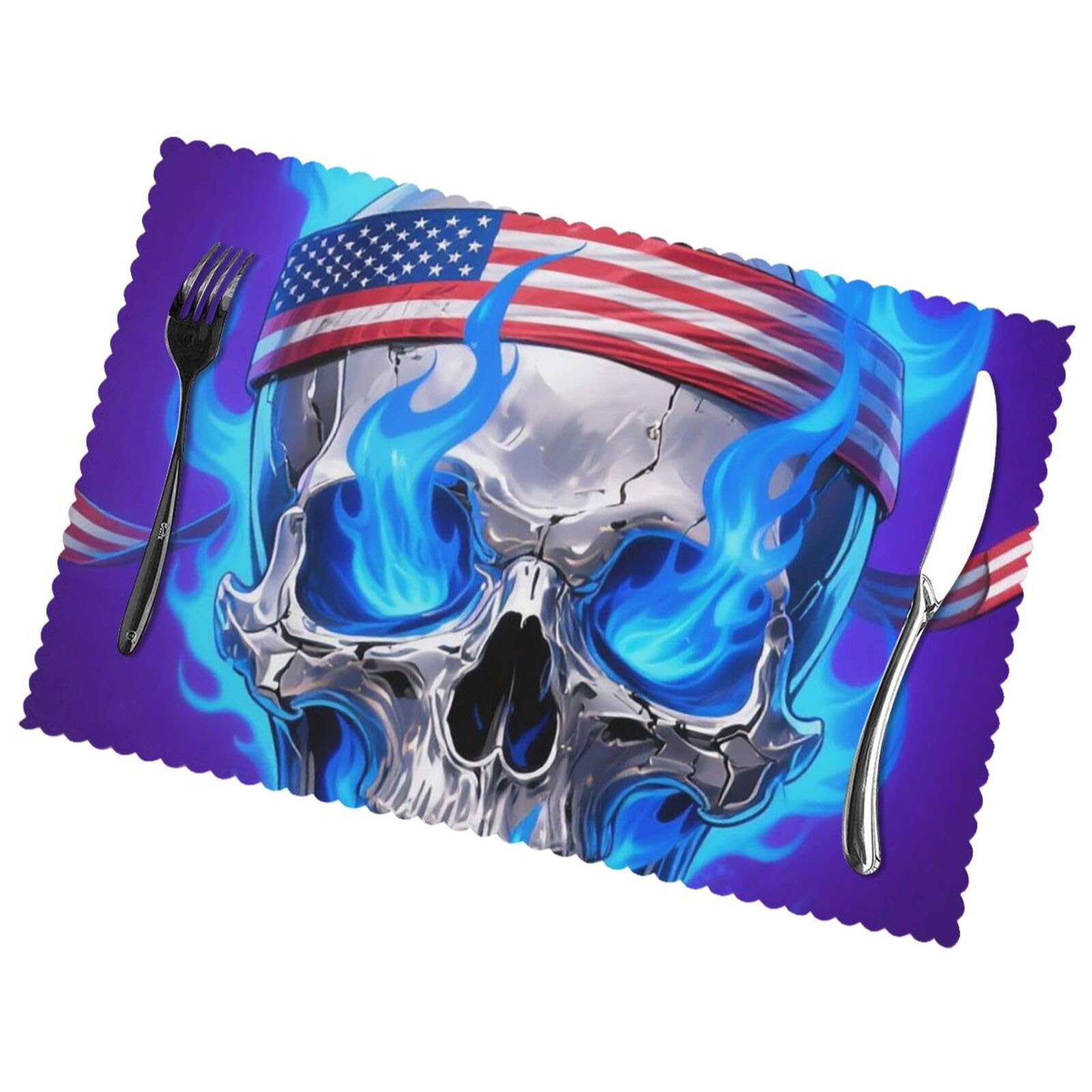 12x18 Inchplacemats Set of 6, Fire USA Flag Skull Place Mats for Kitchen Dinning, Heat Resistant Anti Slip Table Mats, Waterproof Washable Placemat for Indoor Outdoor Party Kitchen Dining Table Décor