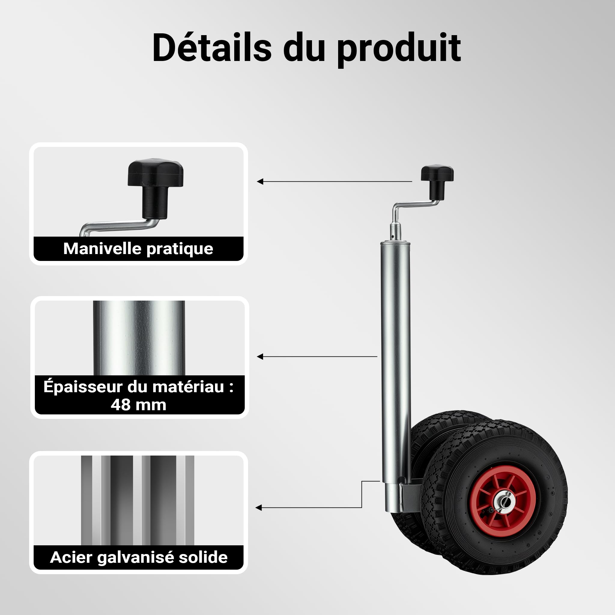 Wiltec Roue jockey double – 290 x 230 x 860 mm – Hauteur ajustable 66-86 cm – Capacité max de 200 kg – Roulette avant pour Voitures Remorques Caravanes avec manivelle