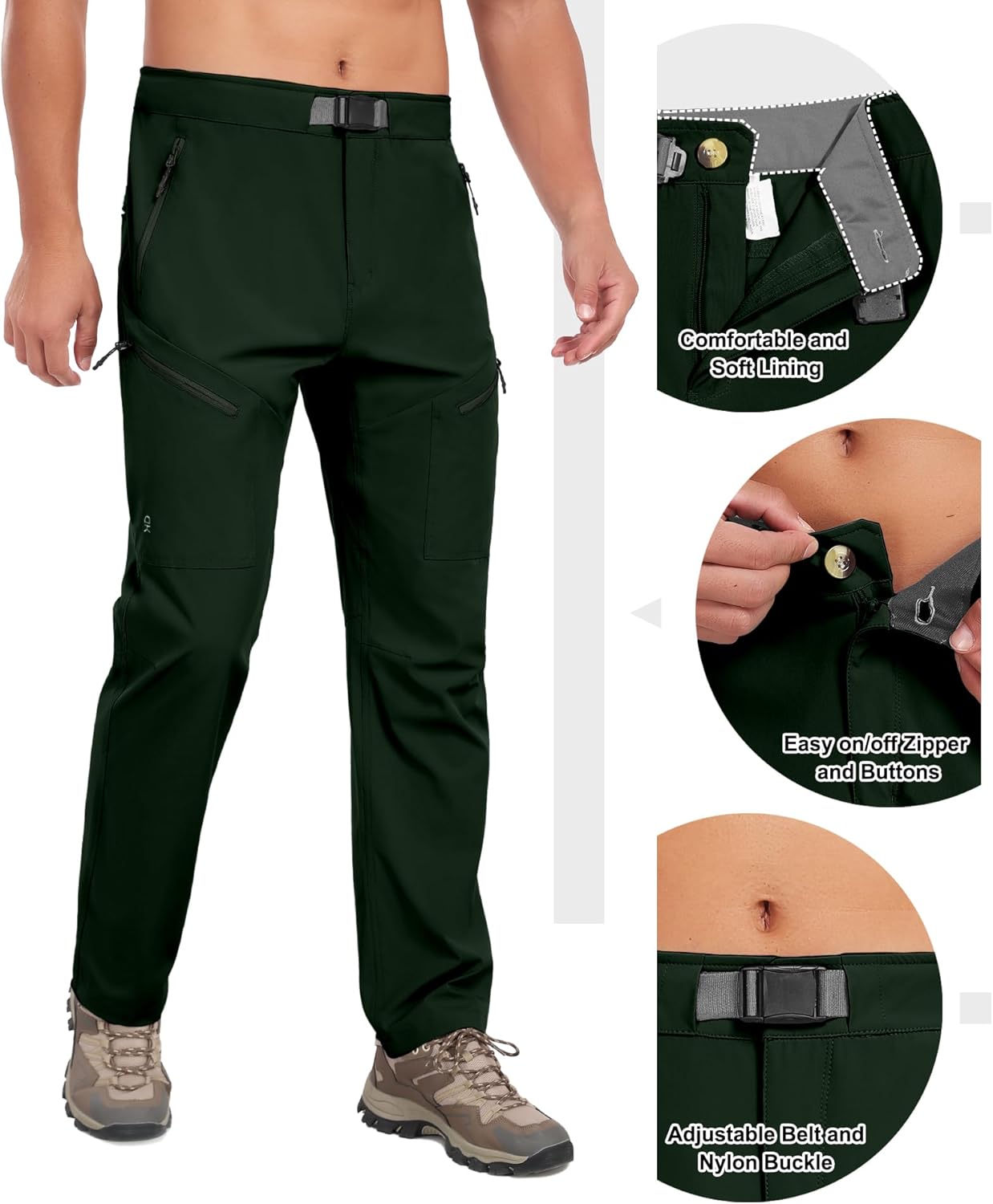 Little Donkey Andy Men's Lightweight Fishing Pants with Belt 5 Zip Pockets Waterproof Quick-Dry Travel Hiking Outdoor Pants