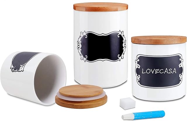 LOVECASA 3 Piece Ceramic Food Storage Tea, Bread Bin Tea Coffee Sugar Caddy Tins Containers Biscuit Canister Storage Jars Pots Set with Bamboo Lid,Reusable Chalkboard