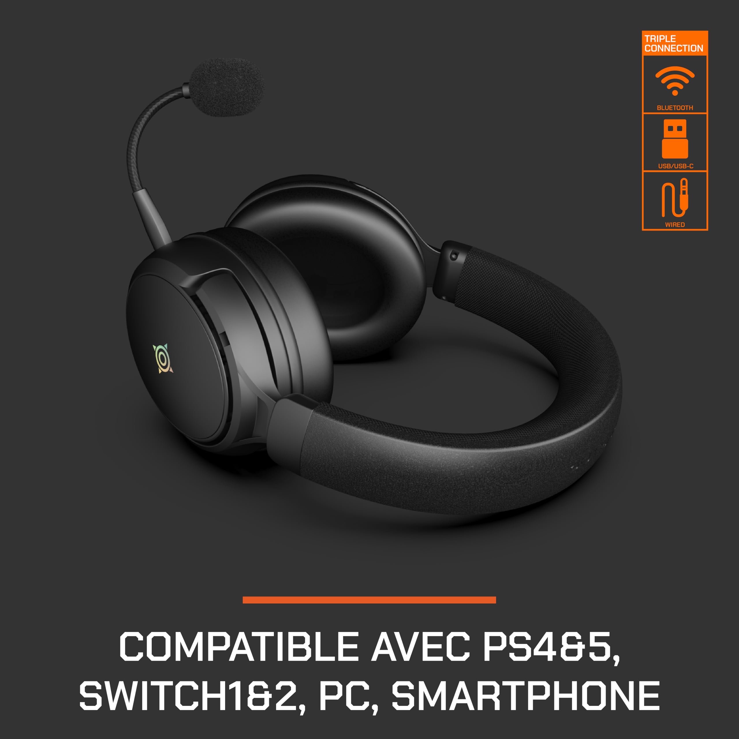 Nova Gaming - Atlas - Auriculares inalámbricos para Juegos - 3 Modos de conexión, micrófono Flexible y extraíble, RGB, tamaño Ajustable, Sonido Claro y equilibrado - Compatible con Todos los