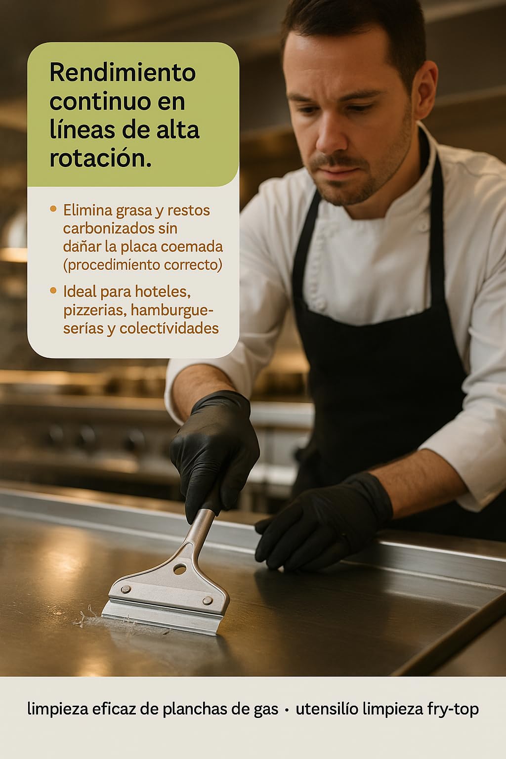 Rasqueta Cromo Duro 10 Cm Acero Inoxidable Mango Antideslizante Doble Cuchilla Apta Lavavajillas Limpieza Planchas Fry Top HORECA Industrial Ref 93GS09001 Herramienta Sat