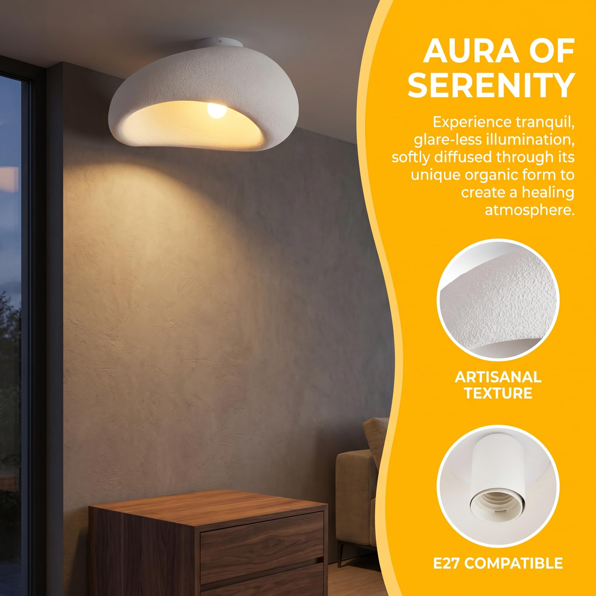 BARCELONA LED Lampada Soffitto Wabi Sabi L450 E27 Design Naturale | Paralume Artigianale, Finitura Organica, Stile Japandi, Arredo Interni, Atmosfera Accogliente