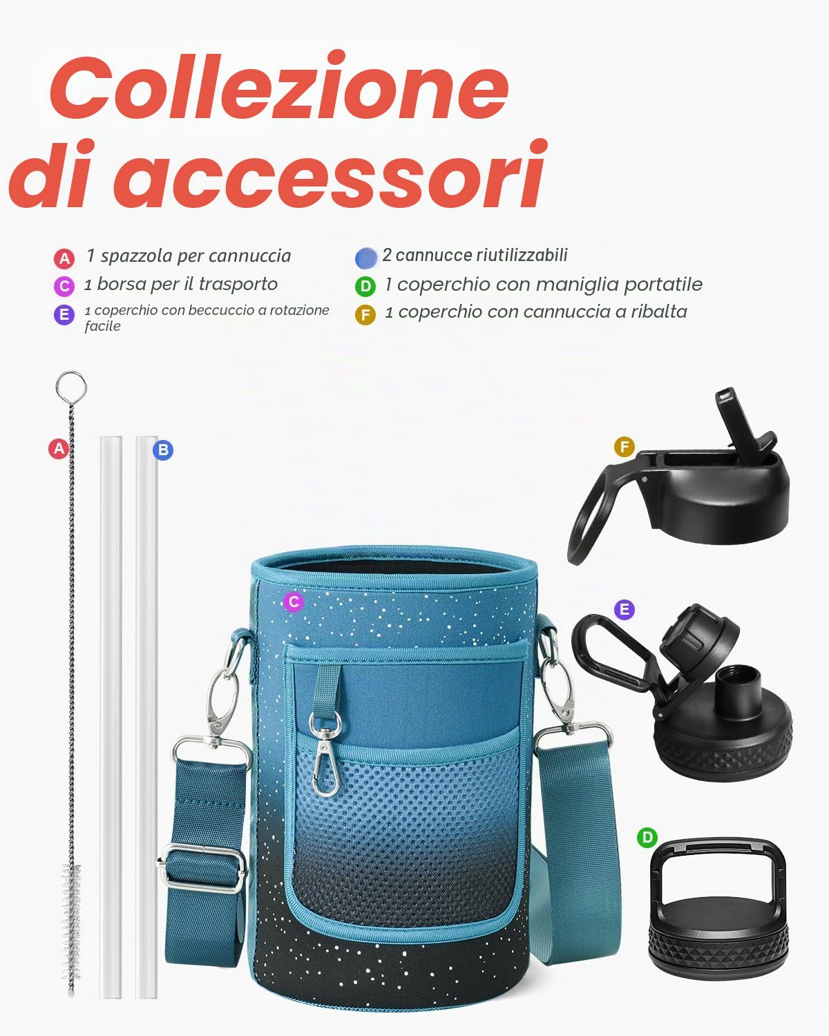 Coolflask Borraccia termica da 1,9 l, con cannuccia e 3 coperchi, brocca per l'acqua da 900 ml, in acciaio inox, per palestra, sport e viaggi, mantiene il freddo fino a 48 ore e caldo per 24 ore