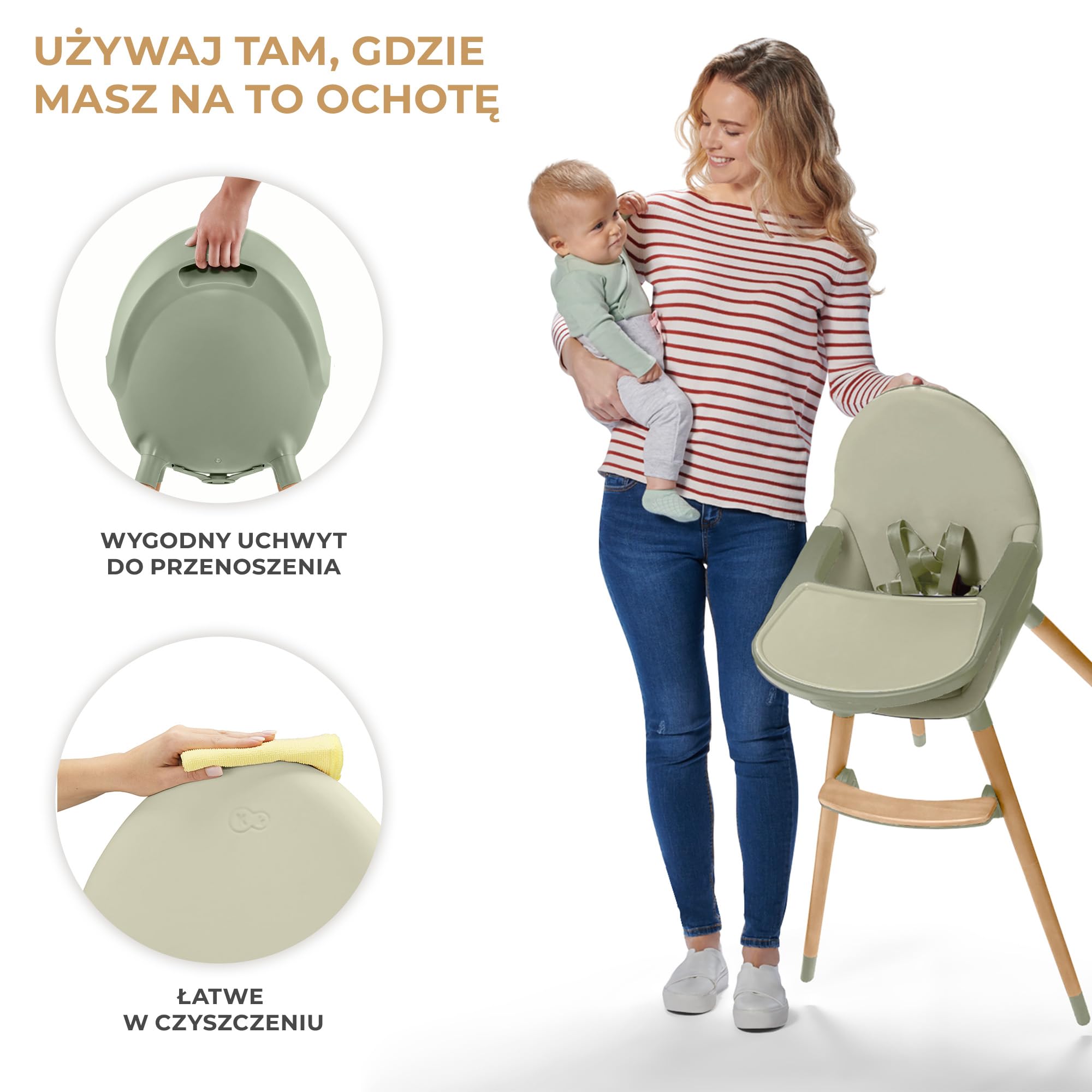 Kinderkraft Krzesełko do karmienia FINI2 2w1, Krzesło dla starszaka, Regulowana zdejmowana tacka, Drewniane antypoślizgowe nożki, 5-Punktowe pasy bezpieczeństwa, Łatwy w czyszczeniu, Zielony