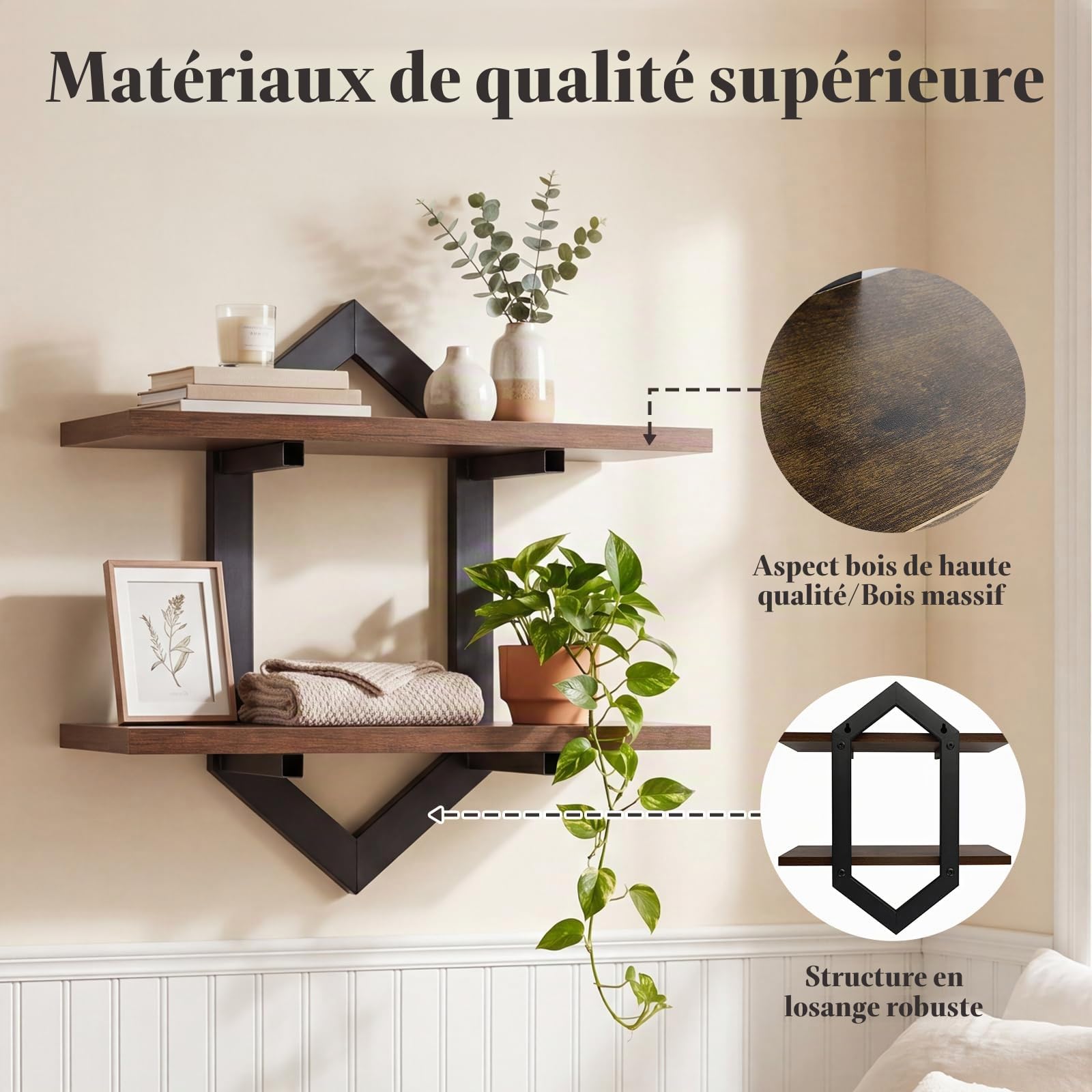 2 Ensembles Étagère Murale,Étagère Flottante en Bois et Métal, Design Losanges,DIY Déco Tablette Flottante pour Salon,Cuisine, Chambre,Bureau