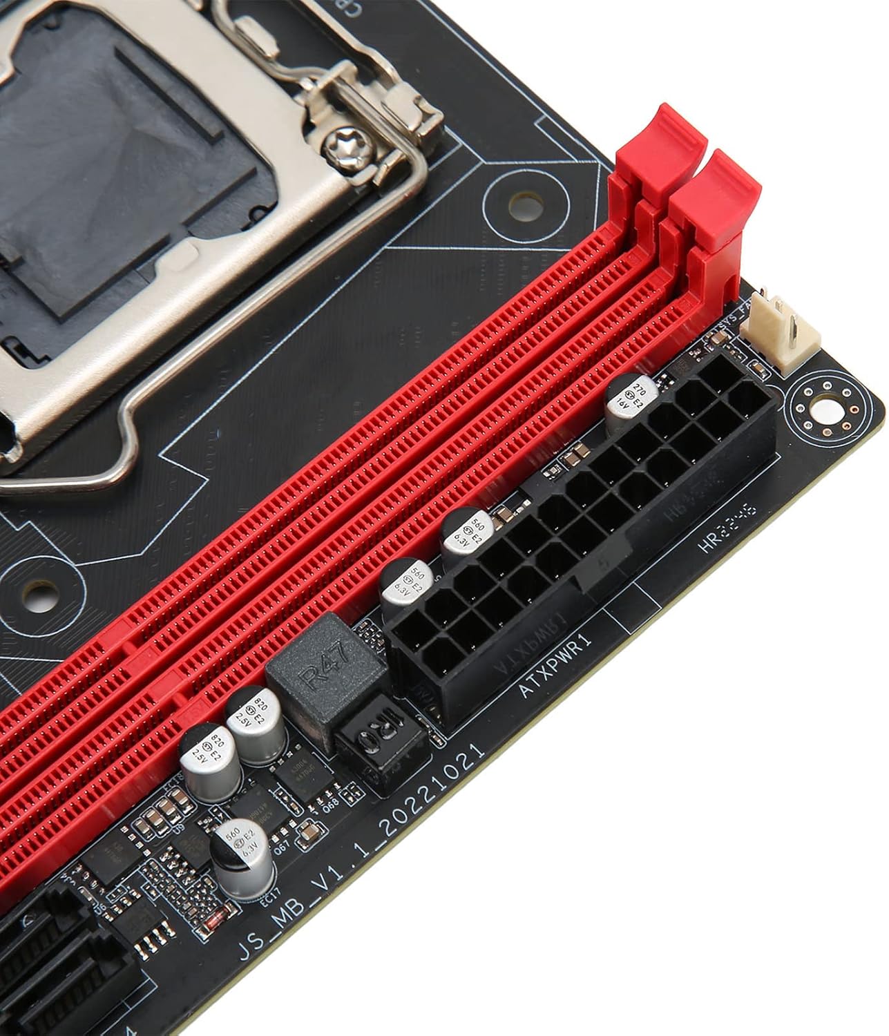 Close-up of DDR3 memory slots and 24-pin power connector