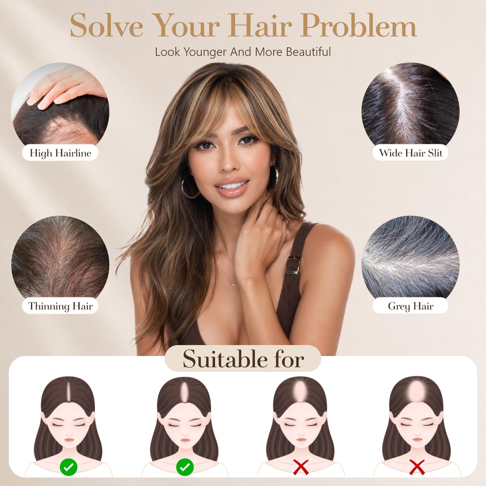Rich Choices Pony Haarteile Echthaar für Damen Remy Human Hair Topper Echthaar 360°3D‑Abdeckung Haartopper Natürlicher Haarwirbel Oberkopf Clip in Haarteile mit Pony 25cm #2 Dunkelbraun