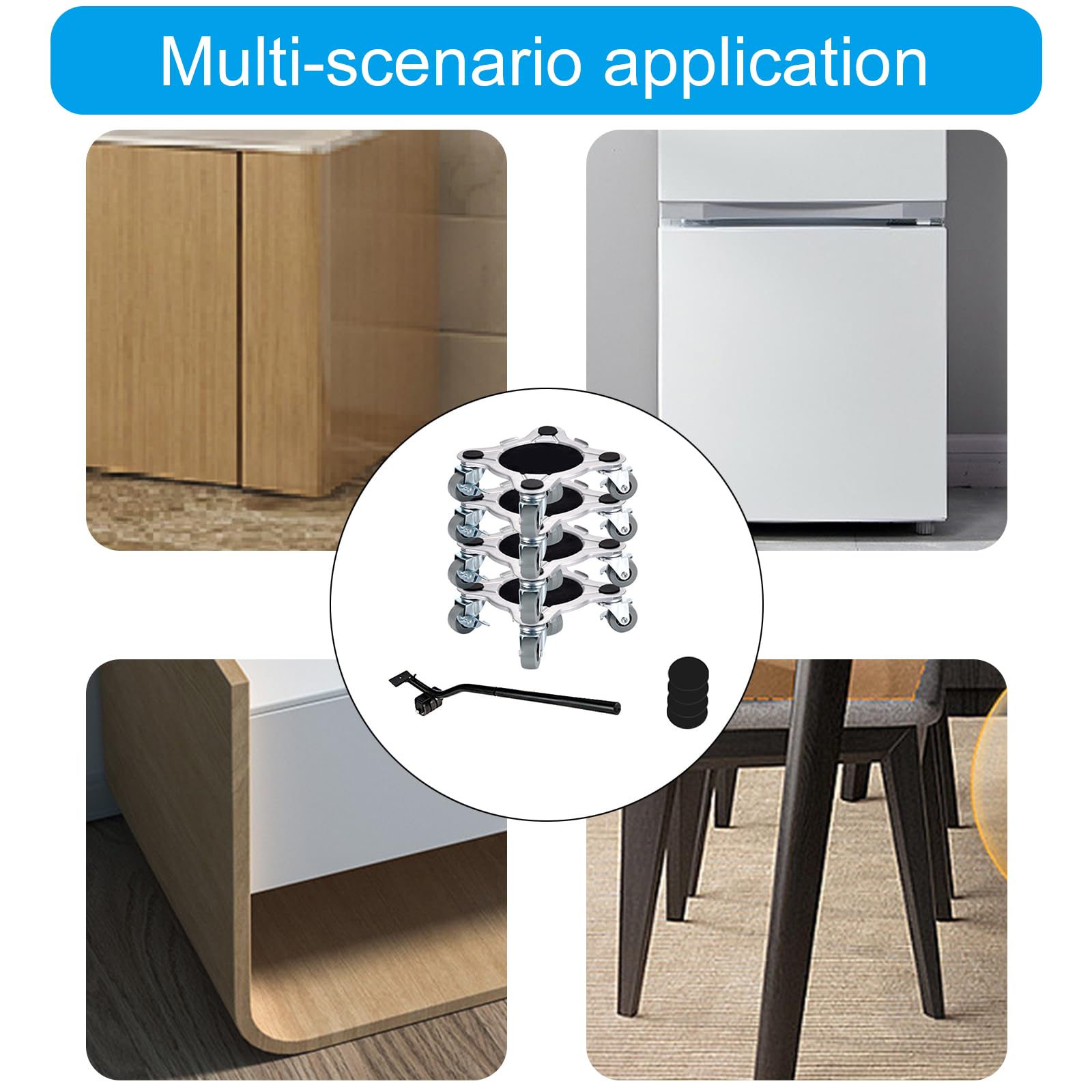 Set di Ruote piroettanti a 360° per mobili, Resistenti e con Freno, Strumento di Sollevamento Professionale per spostare Facilmente i mobili (Modello Piccolo a 4 Gambe)