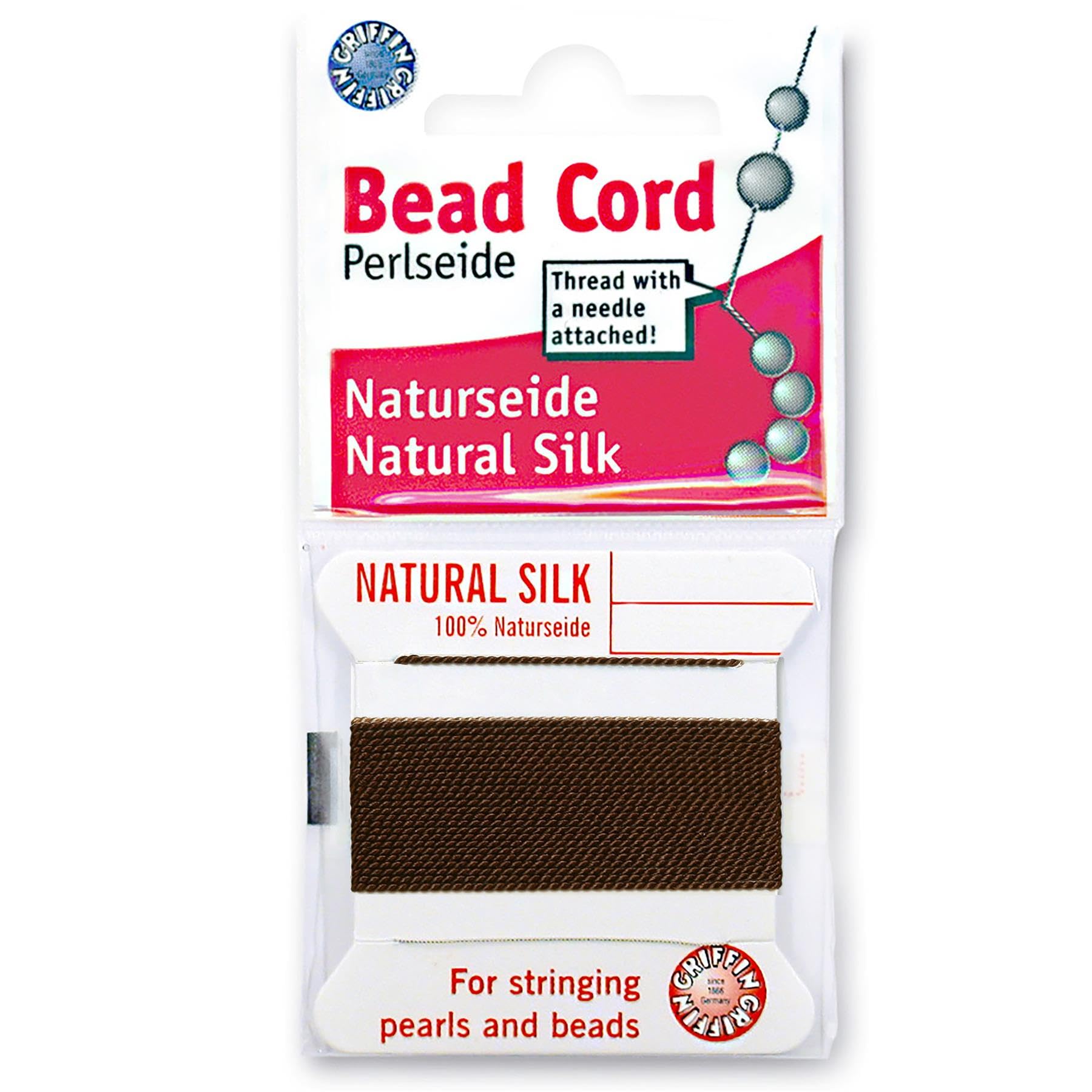 Griffin Perlseide Cordon de perles en soie - Taille 16 (1,05 mm) - 21 couleurs - 2 mètres par carte - Aiguille en acier inoxydable attachée - pour nouer des perles, pierres précieuses, cristaux et