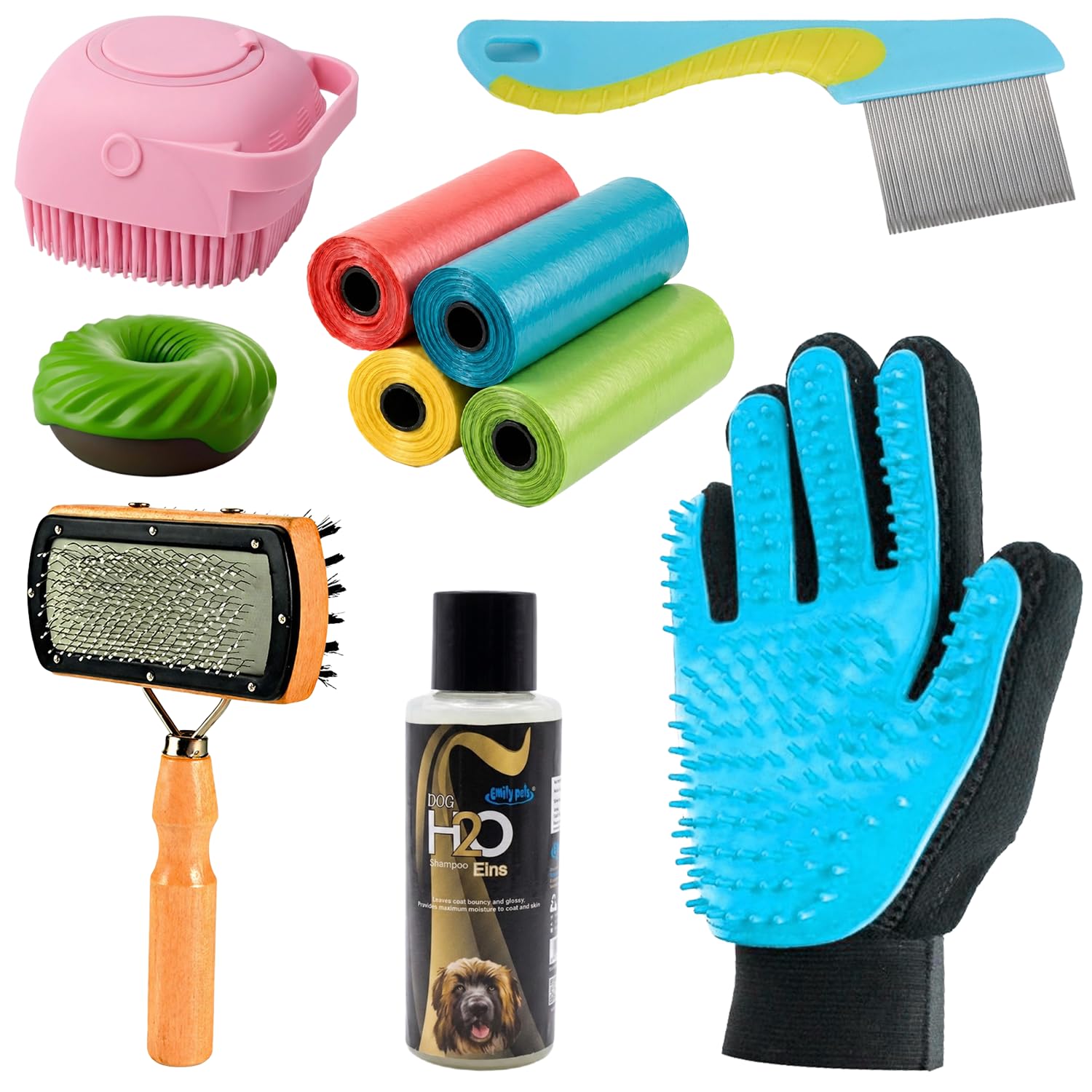 Emily Pets 7-in-1 Pet Grooming Kit for Dogs and Cats | Deshedding Brush, Flea Comb, Bath Brush, Massage Glove, Shampoo, and Poop Bags | Complete Care Set-image-8