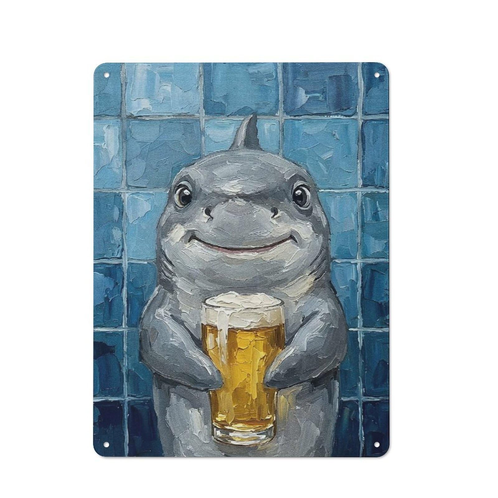 Junmoney Style-5 For Lounge Or Reading Corner, Shark With Beer Painting Retro Tin Sign 40X30cm, Gift For Reading Corner Decorators During The Christmas Season