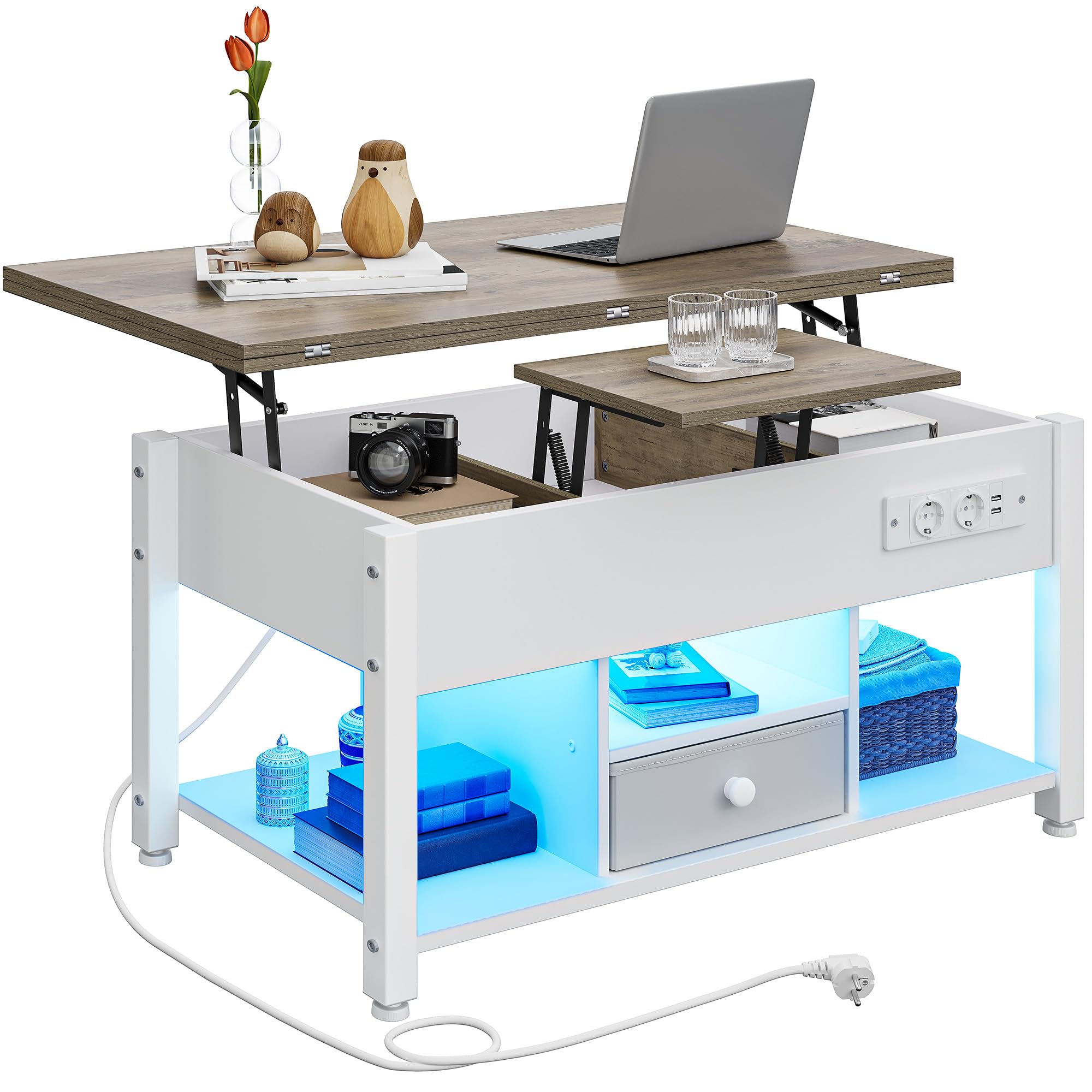 YITAHOME Tavolino con altezza regolabile, tavolino multifunzione 4 in 1 con spazio di archiviazione e illuminazione a LED, tavolino da caffè si trasforma in un tavolo da pranzo per il soggiorno