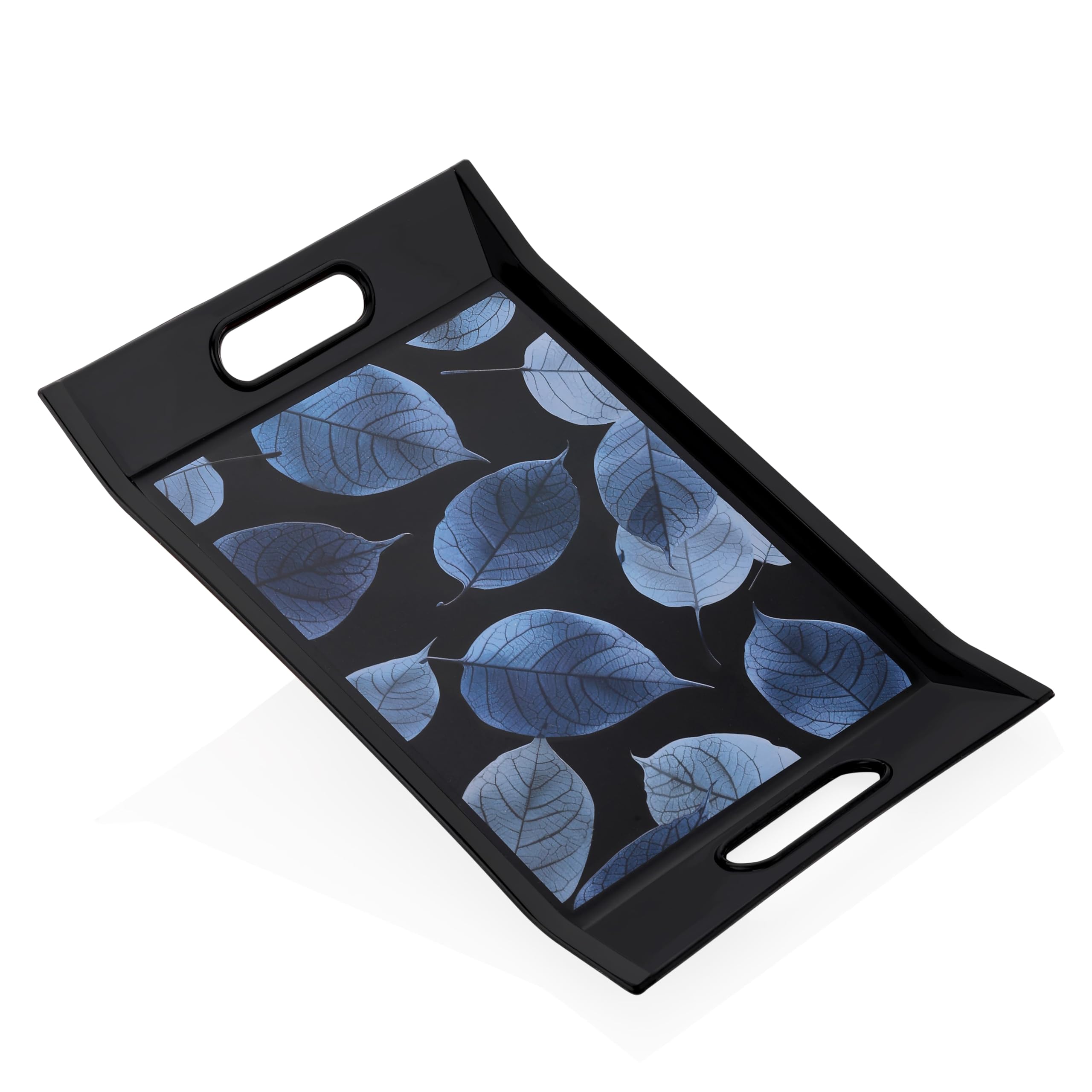 Decorative Serving Trays Set, Black with Blue Leaf Pattern, 3 Nesting Sizes — Amazon image 3