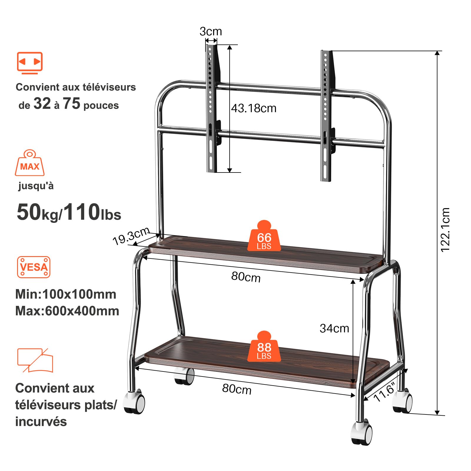 Chevalet de télévision mobile à roulettes pour écrans plats LCD LED OLED de 32 à 75 pouces, en acier inoxydable avec roulettes, 50 kg, VESA 600 x 400 mm (étagère de rangement en bois double couche