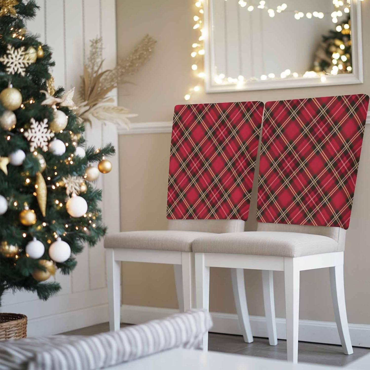 Red Green Plaid Christmas Chair Back Covers for Dining Room, Winter Xmas Linen Polyester Back Chair Protector, 4 Pcs Farmhouse Buffalo Checkered Chairs Covers for Dining Chairs Decor, 20 x 19 Inches