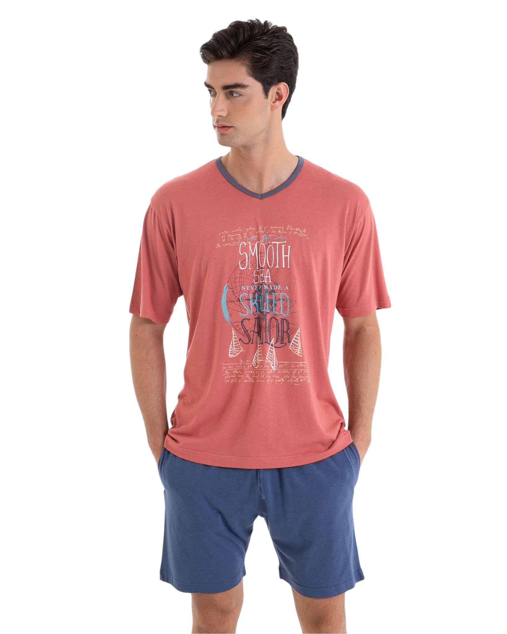 MASSANA Pijama de Verano para Hombre P251311, Camiseta Teja con Estampado Marinero y Short Azul, 50% Algodón 50% Viscosa (FR/ES, Letras, L, Regular, Regular, Teja)