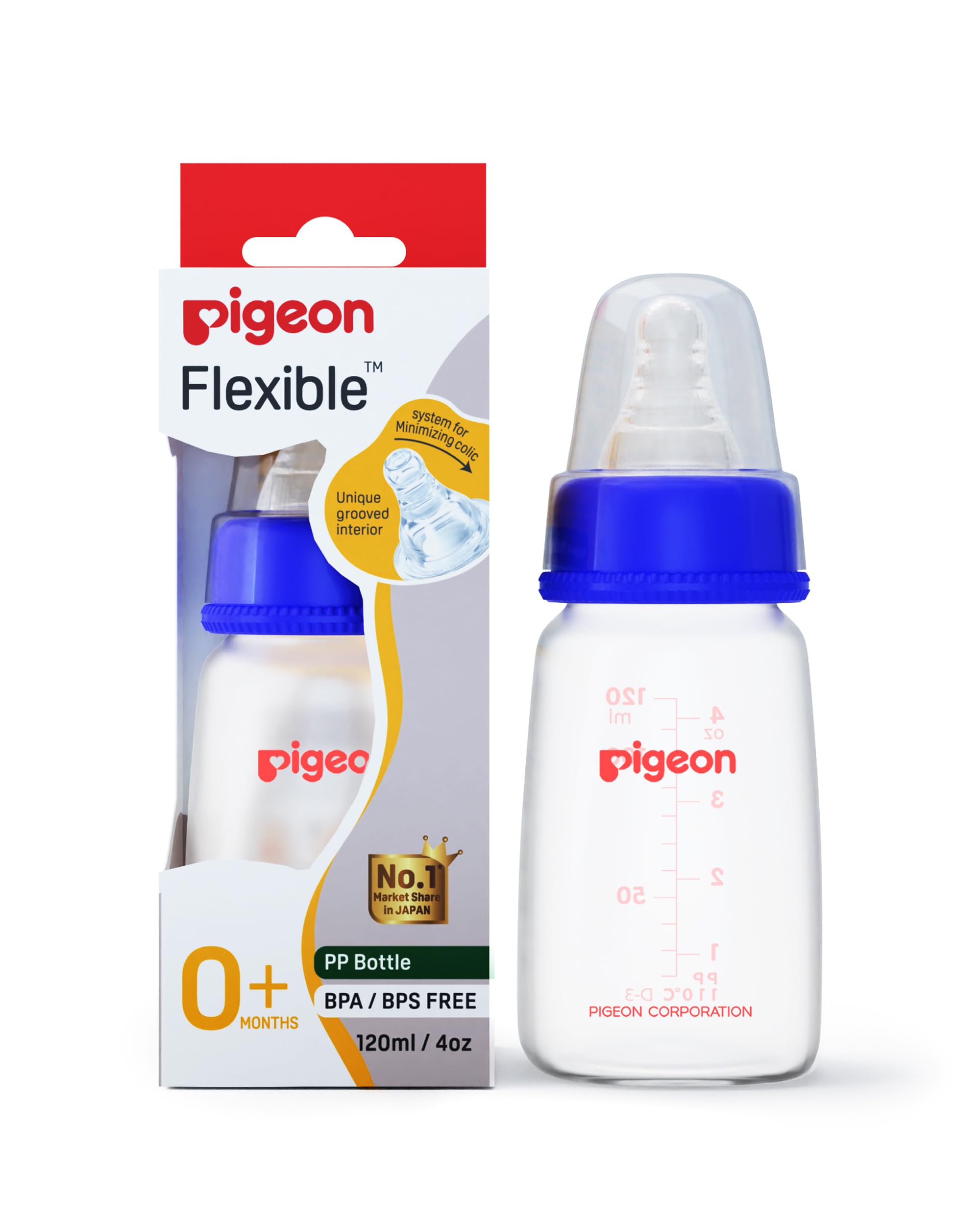 Pigeon Peristaltic Baby Nursing/Feeding Bottle KPP Nipple S,For 0+ Month Babies,BPA Free,BPS Free,Square Base,Blue,120 ml