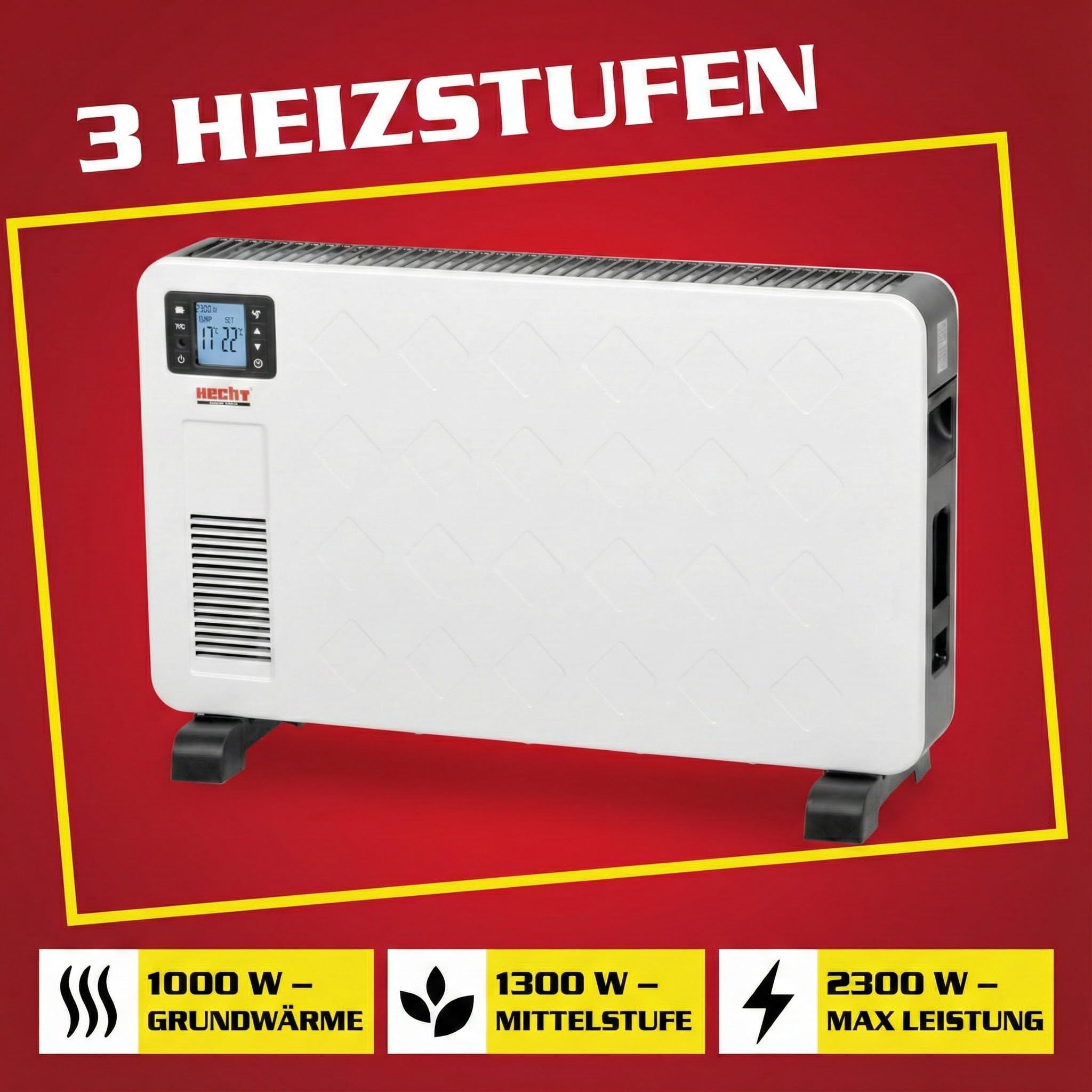 HECHT Elektroheizung – Heizgerät mit 3 Leistungsstufen | Elektro-Heizung mit Fernbedienung und Thermostat – Heizgerät für Räume mit 3 Leistungsstufen