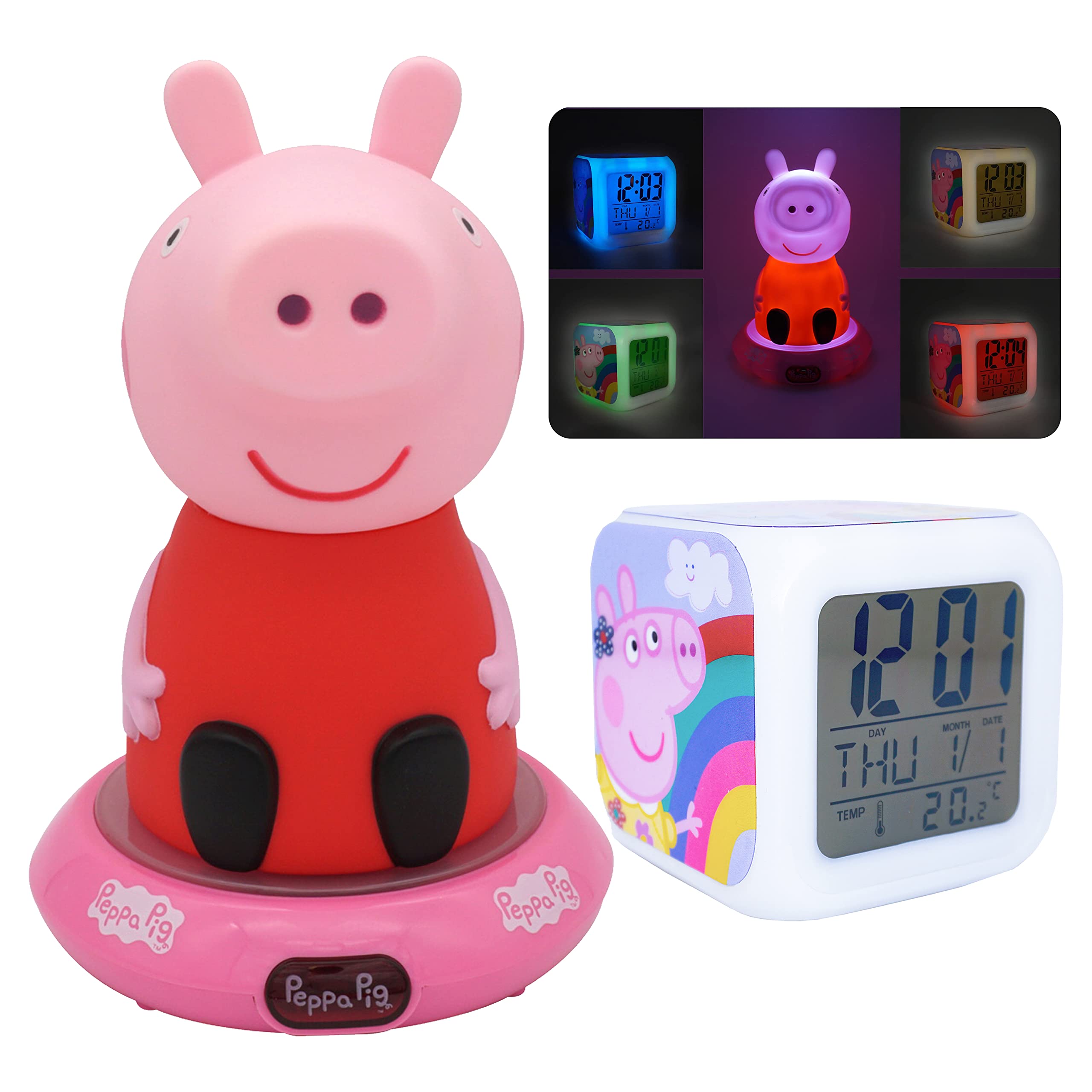 Hovuk Girls Peppa-Pig 2Pk Set Night Lights Kids, 3D Bedside Night Lamp And Cube Led Clock For Kids, 4 Color Changing Alarm Clock For Bedroom Decor