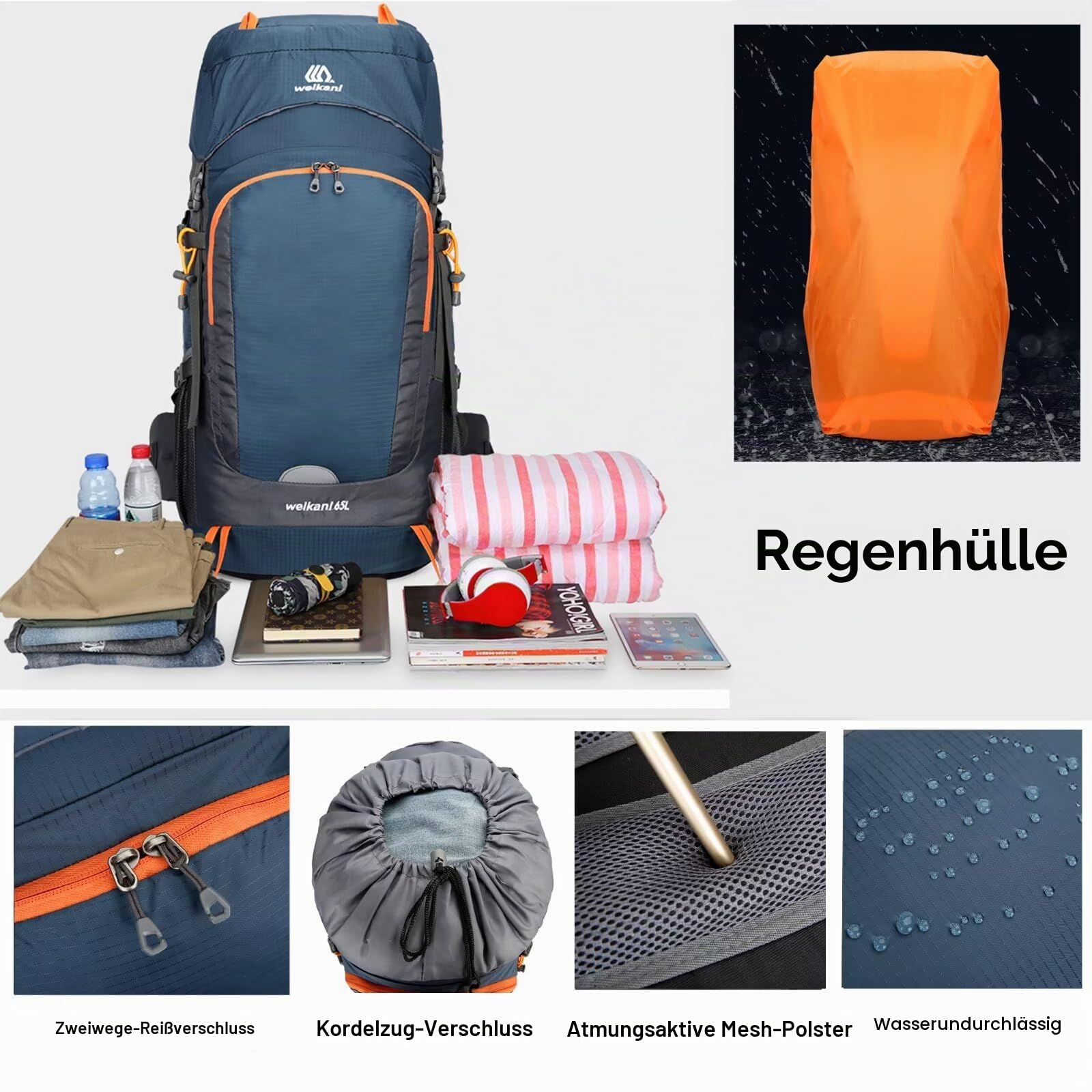 65L Wanderrucksack mit Regenschutz, leicht, Camping, Tagesrucksack, großer Trekkingrucksack für Damen und Herren, wasserdichter Rucksack für Outdoor, Reisen, Wandern, Trekking, Camping, Sport