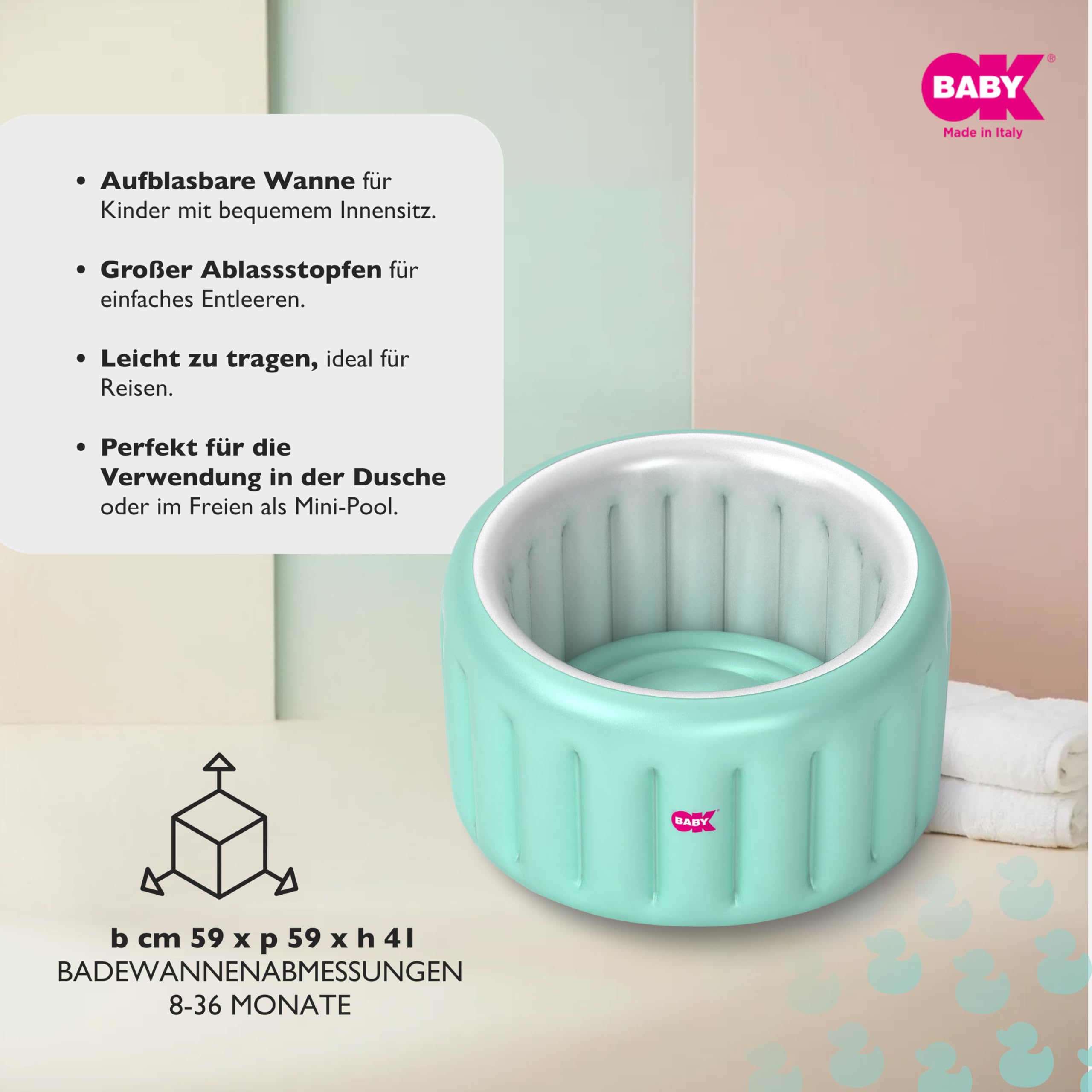 OKBABY Oplà Soft aufblasbare Babybadewanne – 8 bis 36 Monate – Blau