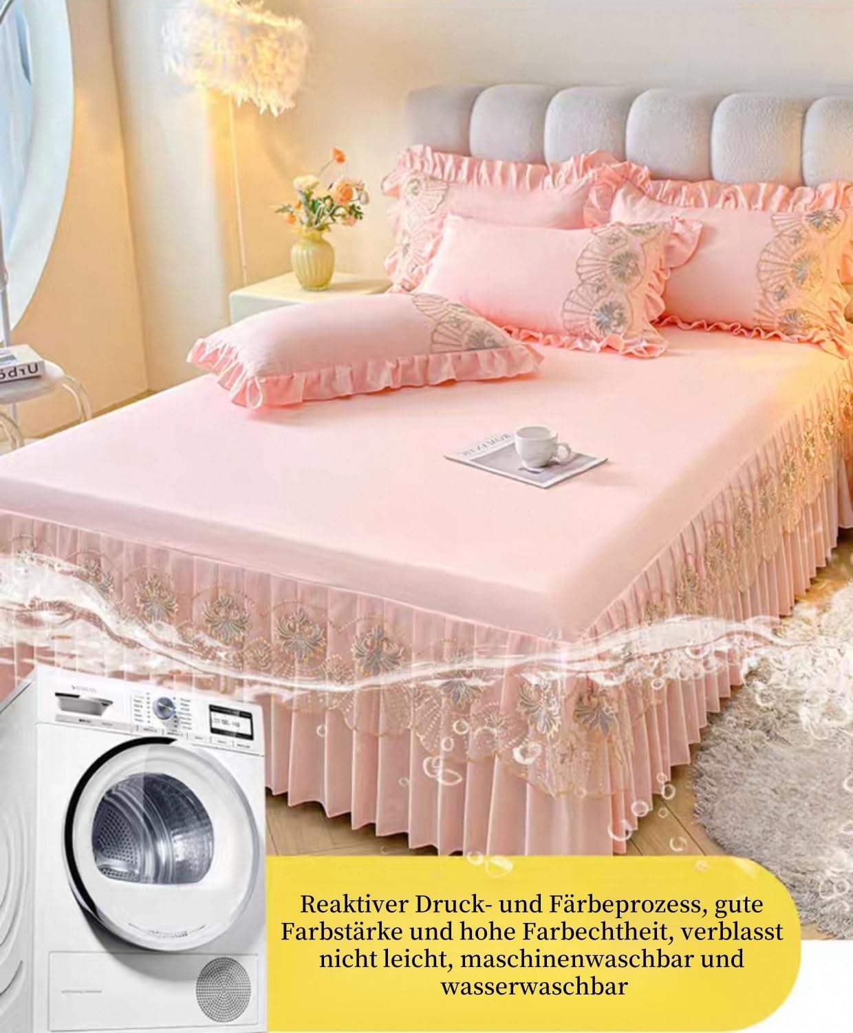 Bettrock Mit Rüschen Einfarbig Bestickt Bed Skirt Umwickeln Betthusse Polyesterfaser Weich rutschfest durch elastisches Band Maschinenwaschbar für 43cm Hohes Bett(D,150cm*200cm)