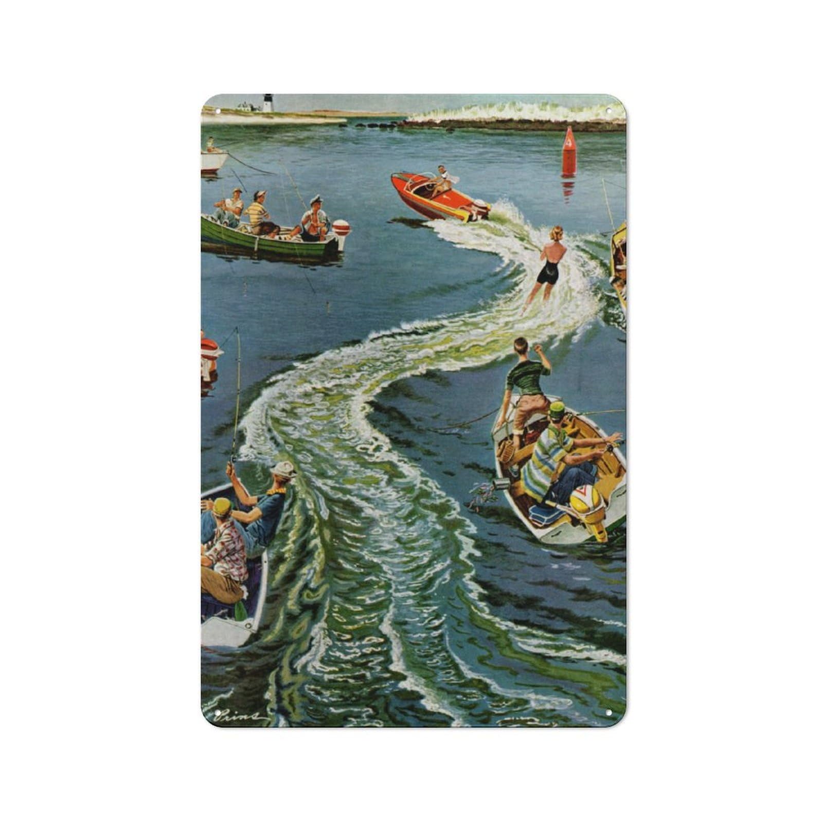 Junmoney Boats Tin Wall Plaque 30X20cm With For Bar Or Restaurant, Autumn Wall Decor For Hospitality Decor Collectors