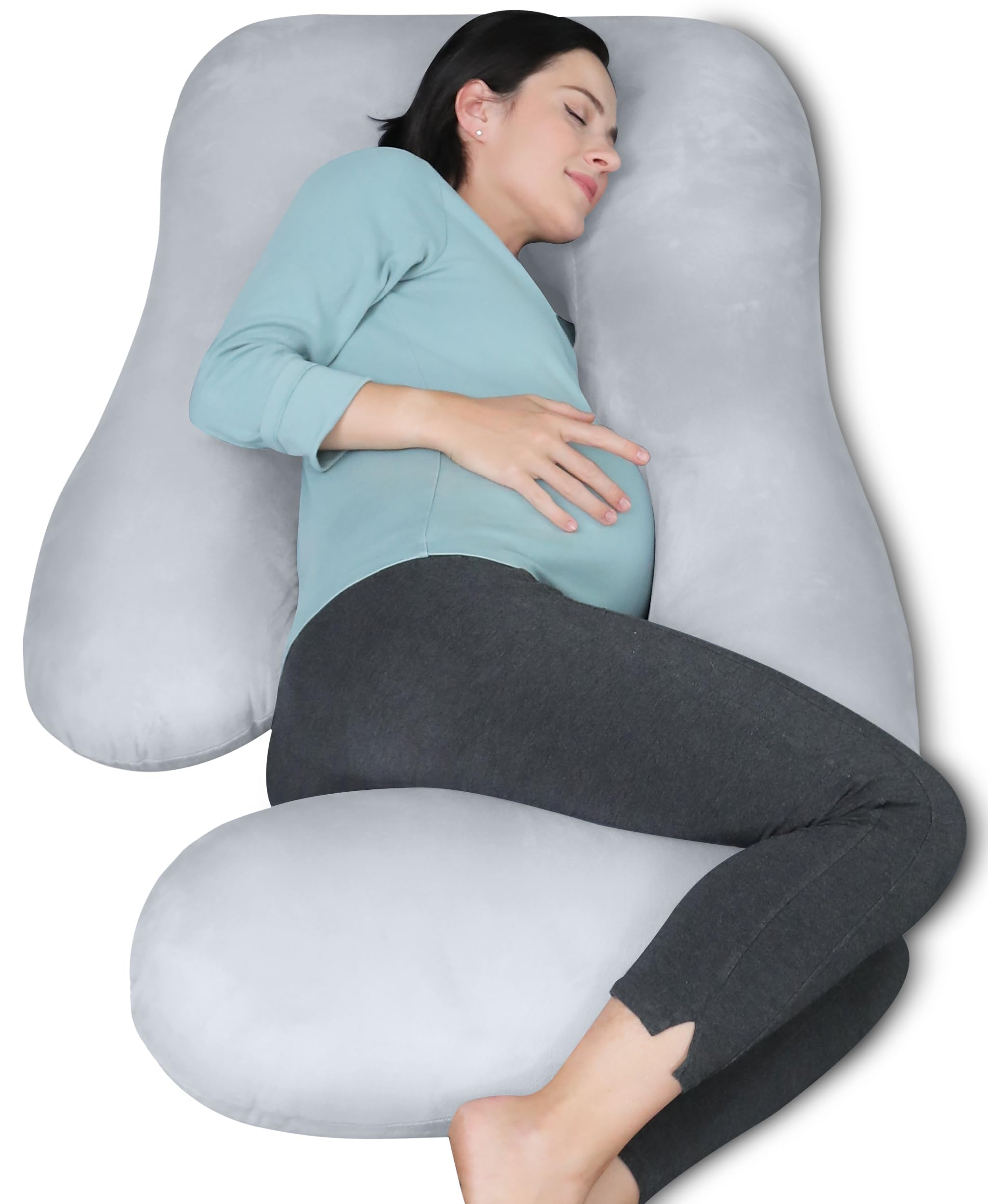 MOON PARK Pregnancy Pillows for Sleeping - U Shaped Full Body Maternity Pillow with Removable Cover - Support for Back, Legs, Belly, HIPS - 65 Inch - Light Grey - Cooling Cover