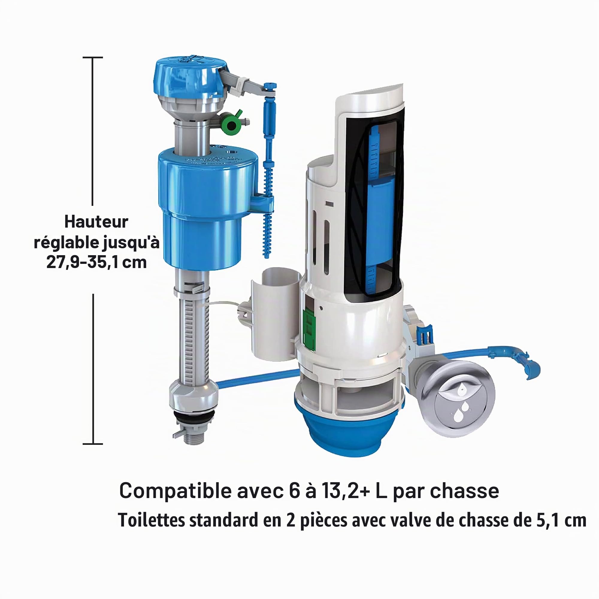 Danco HYR460 HyrdroRight Kit de réparation de réservoir de toilettes économiseur d'eau avec double vanne de chasse d'eau, bouton poussoir double et poignée en chrome