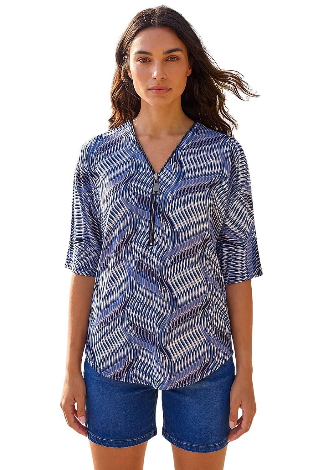 Roman Women's Blue Printed Zip Front Top Size 16