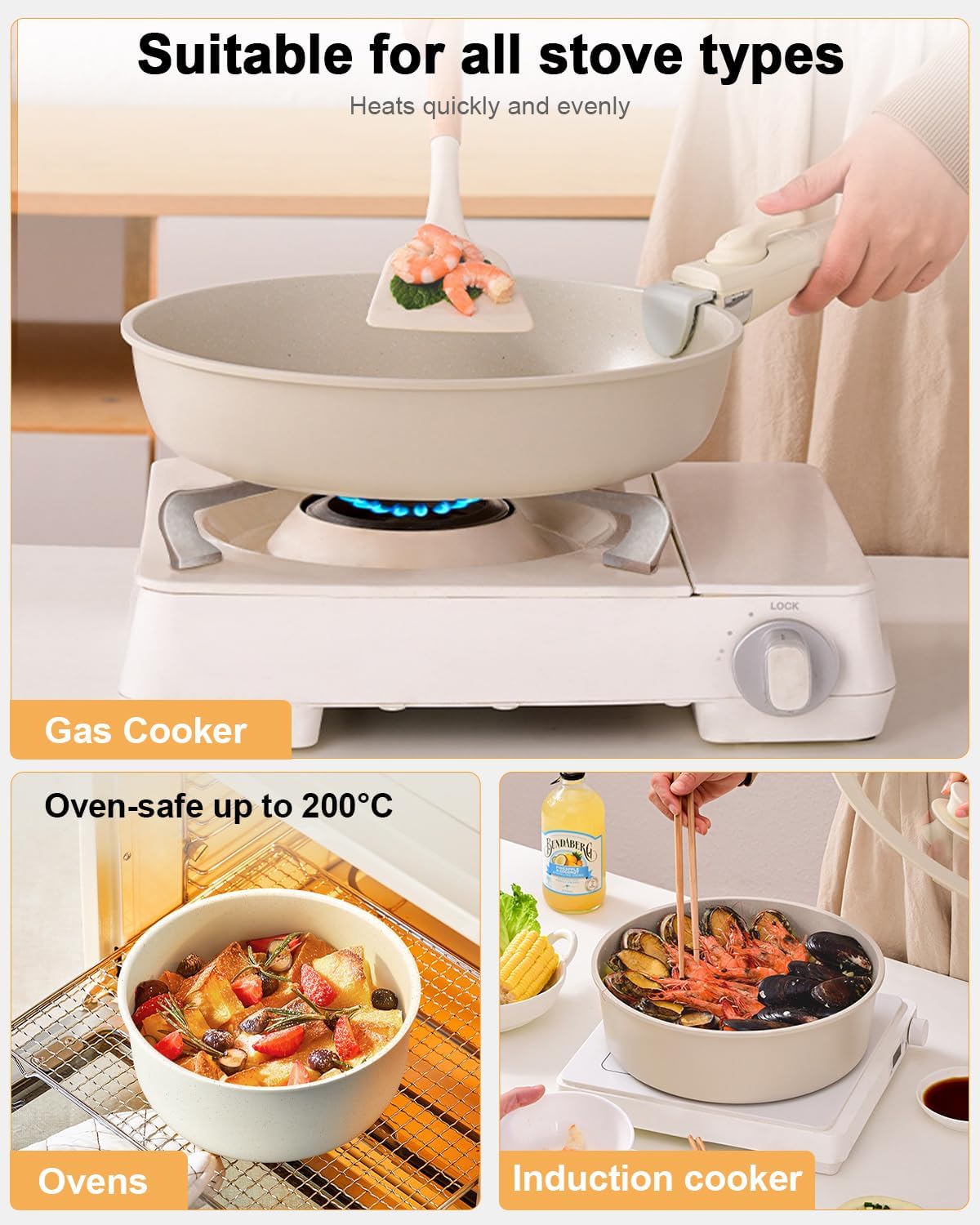Kixolo Batterie de cuisine 19 pièces en céramique et induction, tous feux, sans PFOA ni PTFE, antiadhésive avec 2 poignées amovibles, compatible four et