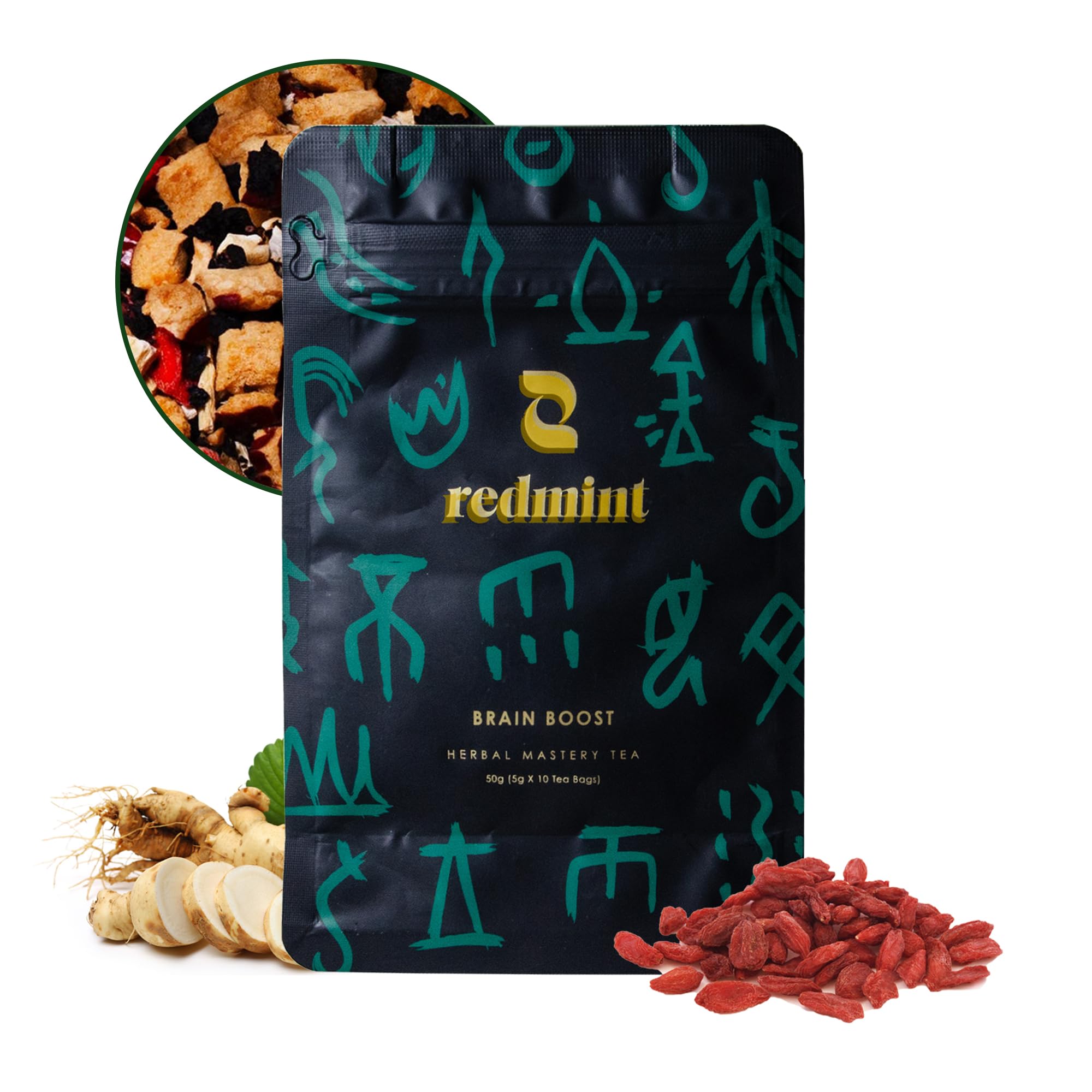 Redmint Herbal Tea Mastery - Brain Boost, Five Treasures Tea for Focus and Energy, Natural Ginseng and Mulberry Chinese Herbal Tea with Goji Berry,