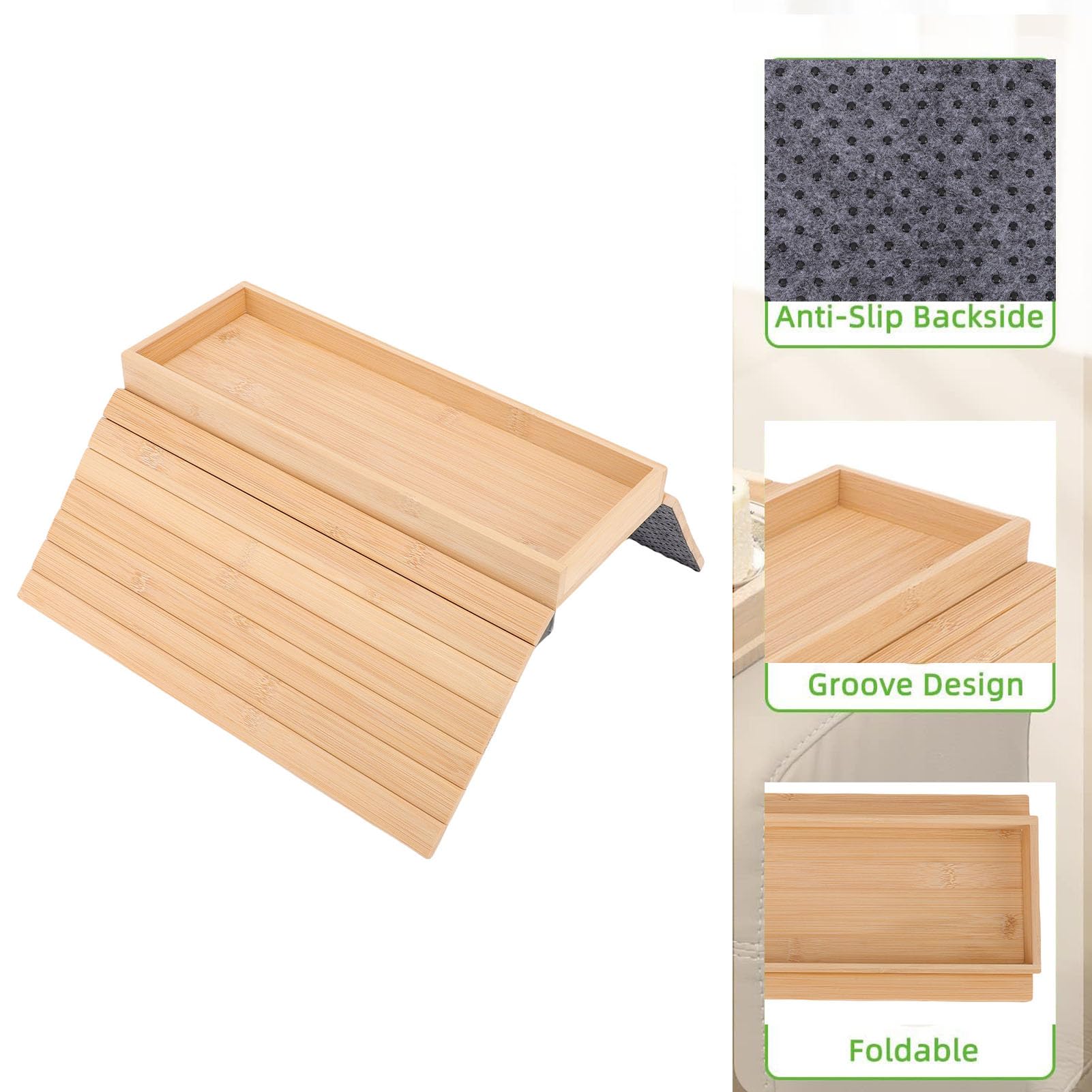Bandeja plegable de bambú para sofá, soporte para tazas, antideslizante, mesa auxiliar para mandos a distancia Drin Boo (color madera)
