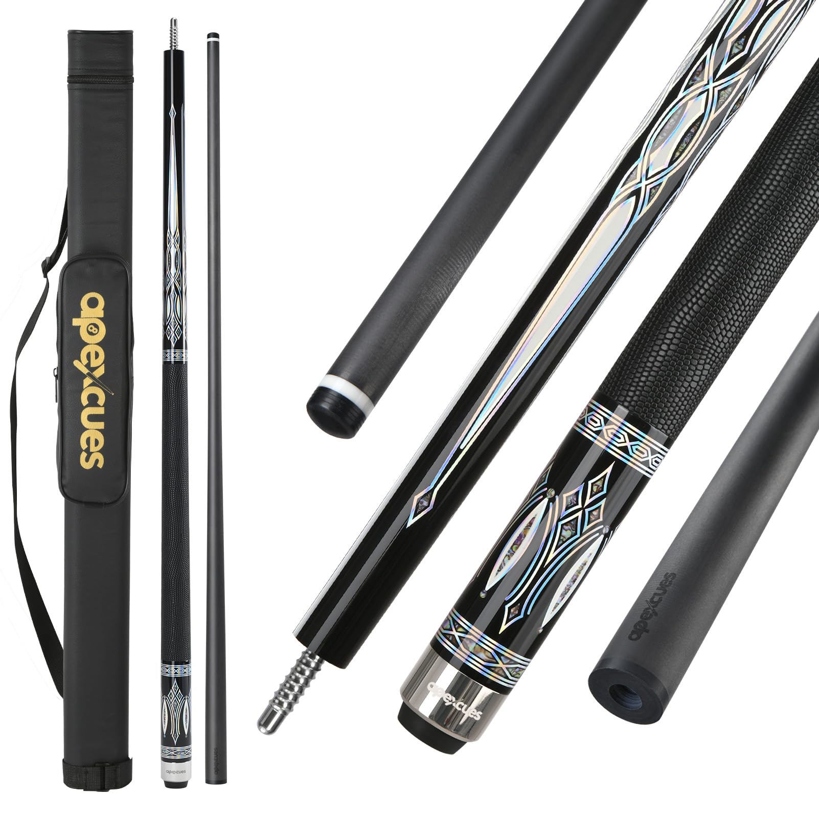 apexcues Carbon Fiber Pool Cue - 12.5mm Tip 58'' 19 20 21 oz Adjustable Weight System 3/8x8 Pin Billiard Cue Stick Low-Deflection Billiard Shaft, Leather Wrap with White Totem Pattern
