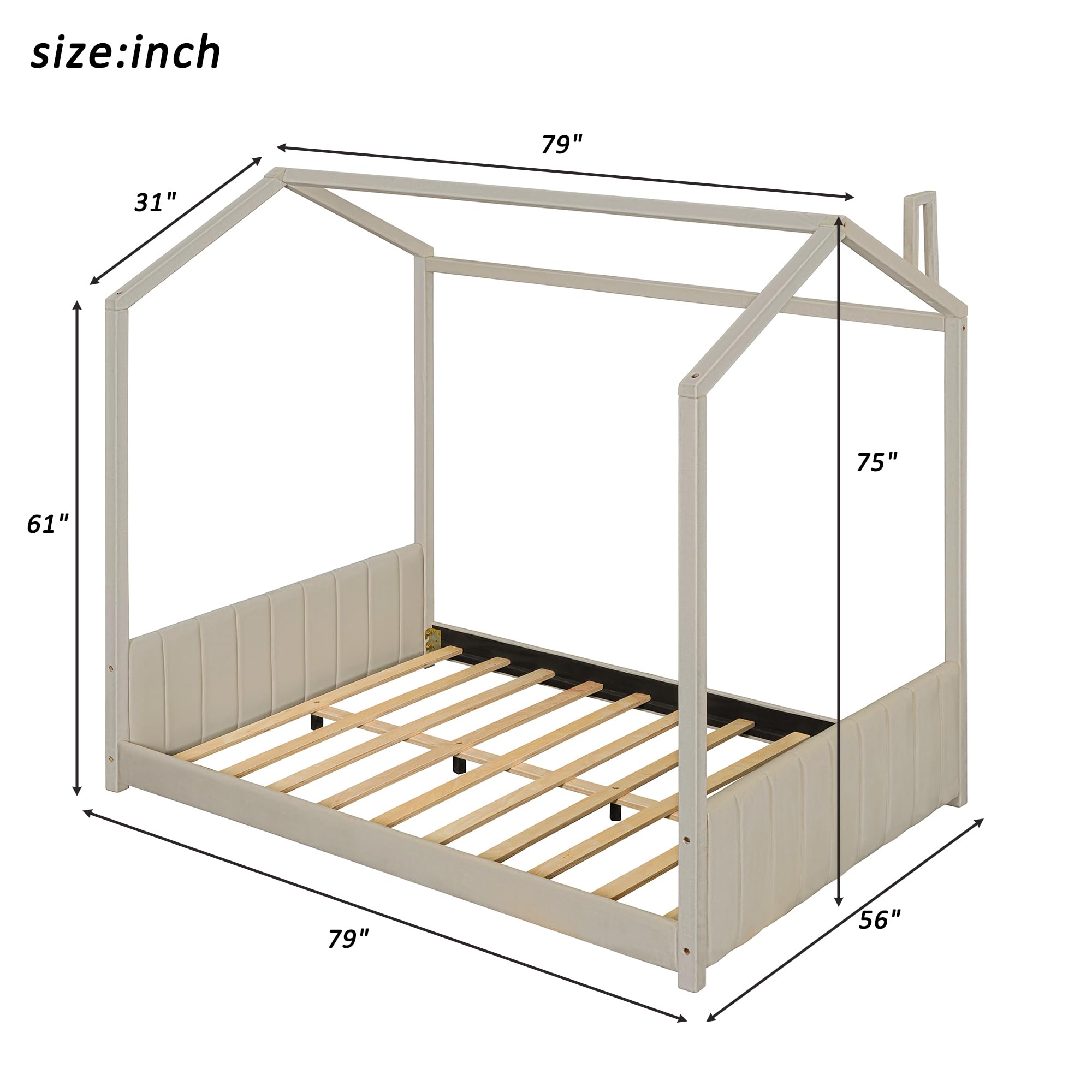 FUCIHOMA Velvet House Bed with Roof Design, Modern Wood Frame Kids Bed with Slats Included No Box Spring Needed, Playhouse Style Bedroom Furniture for Boys Girls,Beige (Full Size)