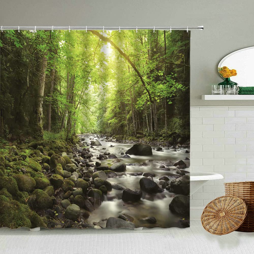 NUEV Linxi scenery shower curtain stone tree green plant natural landscape family bathroom accessories waterproof screen S.5 200x200cm