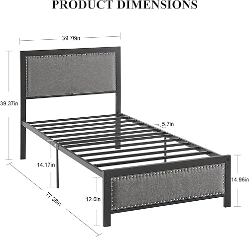 Miniatura 2 de VECELO Base de cama tamaño individual con cabecera tapizada, plataforma resistente con listones de acero fuertes, no necesita somier, fácil montaje,