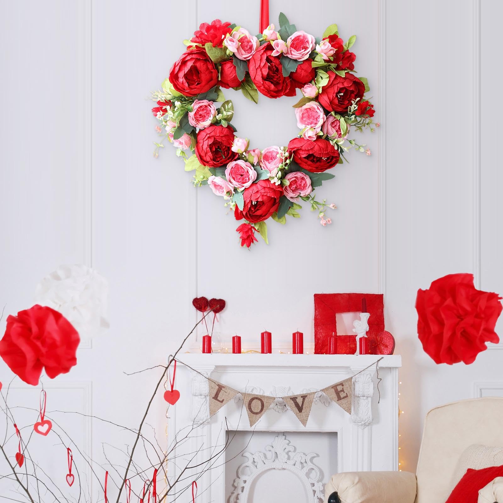 Milageto Ghirlanda decorativa a forma di cuore, ghirlanda rustica, decorazione da appendere, fiori artificiali, romantica per matrimonio, anniversario e festa.