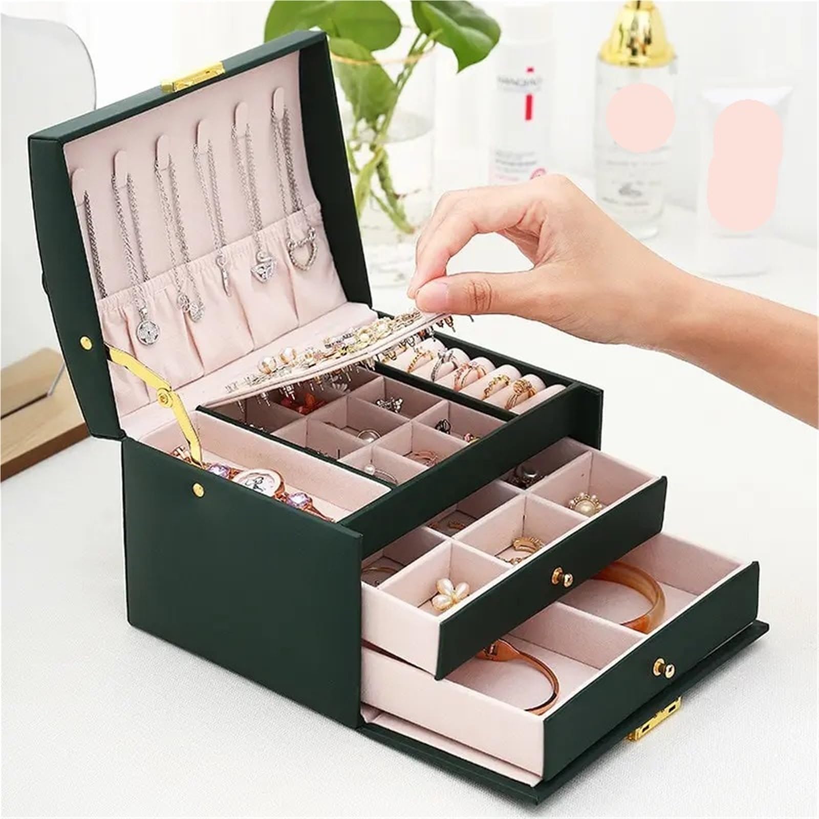 Caja Para Joyas 1 Uds. Caja de joyería multifuncional tres capas cuero estilo cajón, pendientes, cerradura, caja(White)