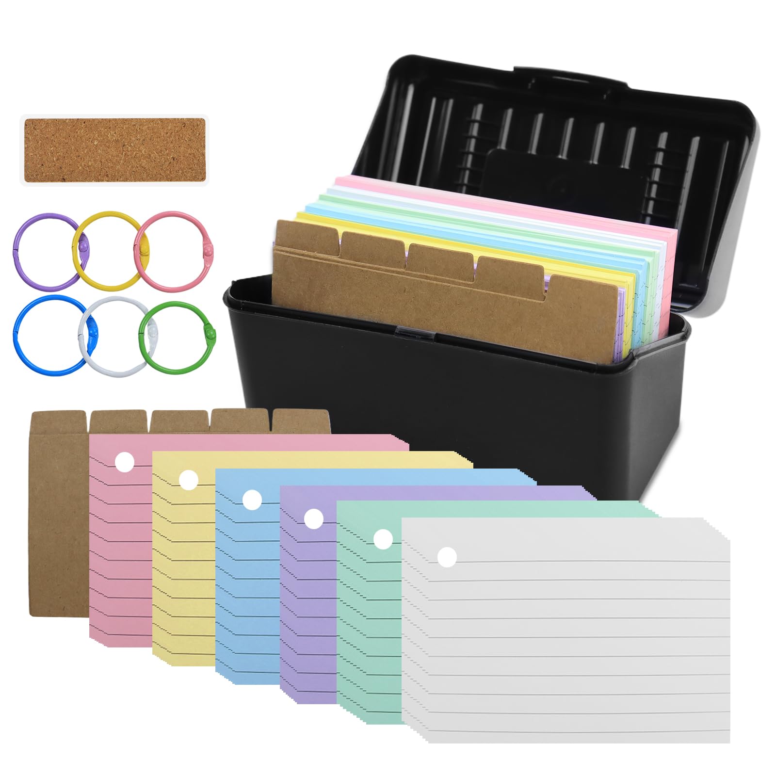 Kit de Boîte à Fiches 313 Pièces avec Boîte Noire, 300 Fiches, 5 Intercalaires