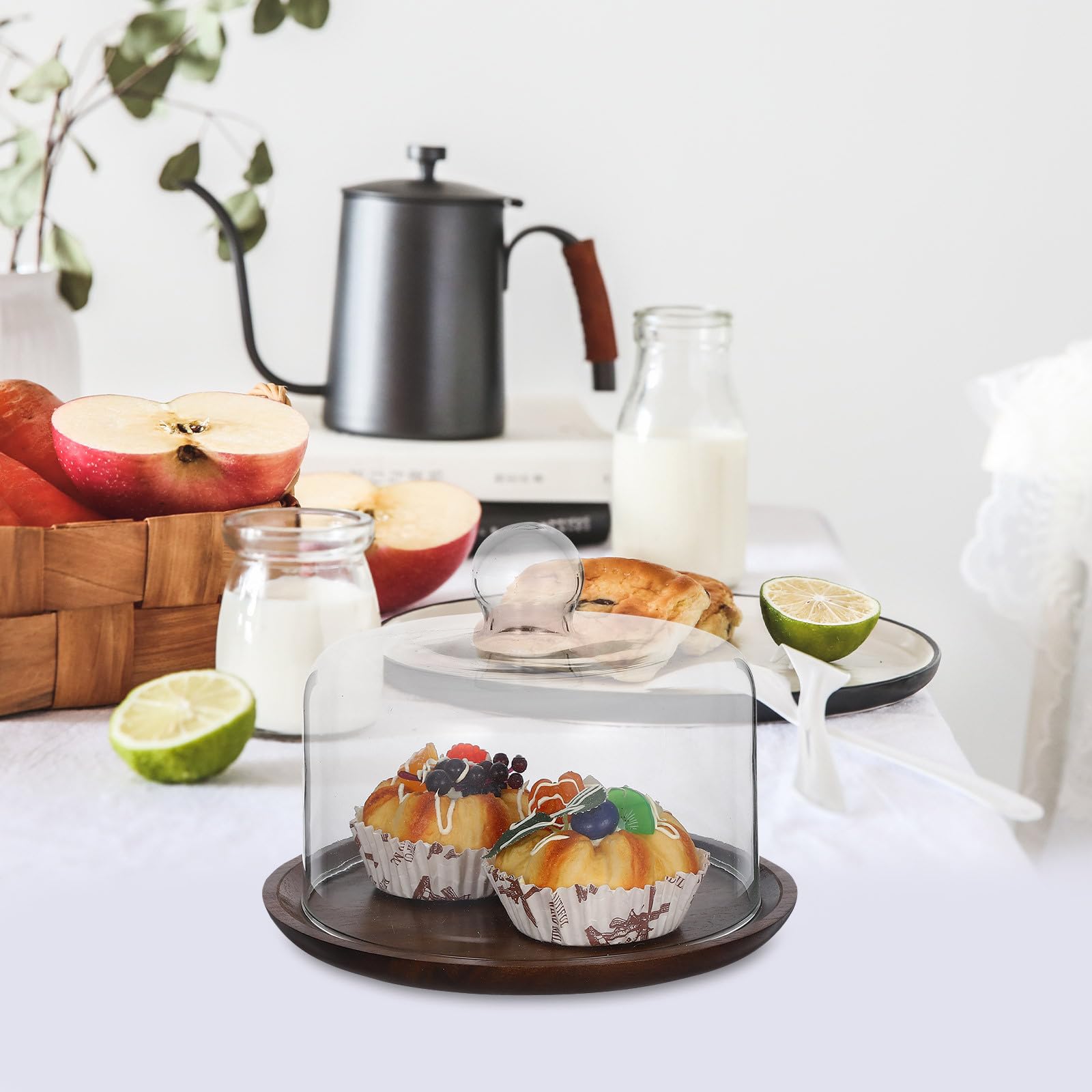 Zerodeko Bandeja para Pasteles con Cúpula de Vidrio y Base de Madera, Diseño Elegante, Portátil y Versátil para Exhibición de Postres en Fiestas