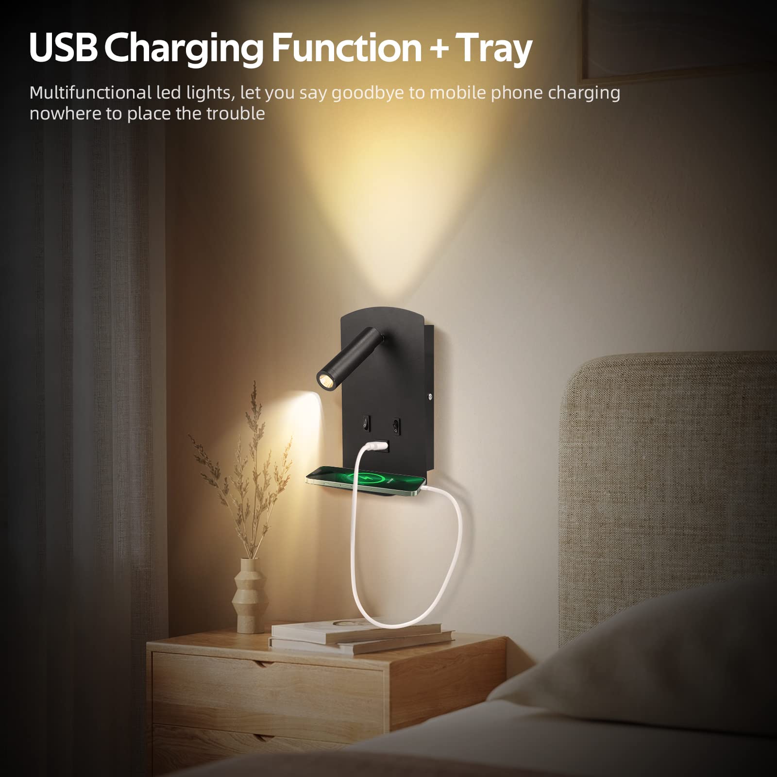 Lampada da parete a LED, lampada da lettura sul comodino con interruttore, porta di ricarica USB, applique da parete per interni, applique da parete con rotazione a 360°, lampada da comodino 12W