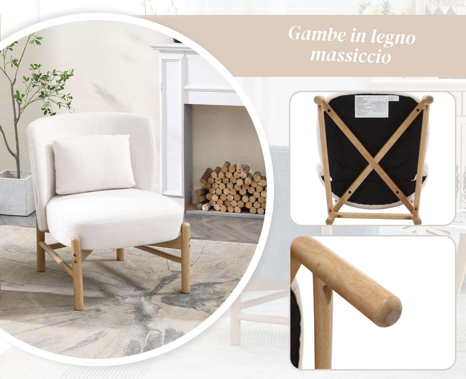 chairus Sedia da salotto con cuscino lombare, senza braccioli, in ciniglia, imbottita, con gambe in legno, colore: bianco