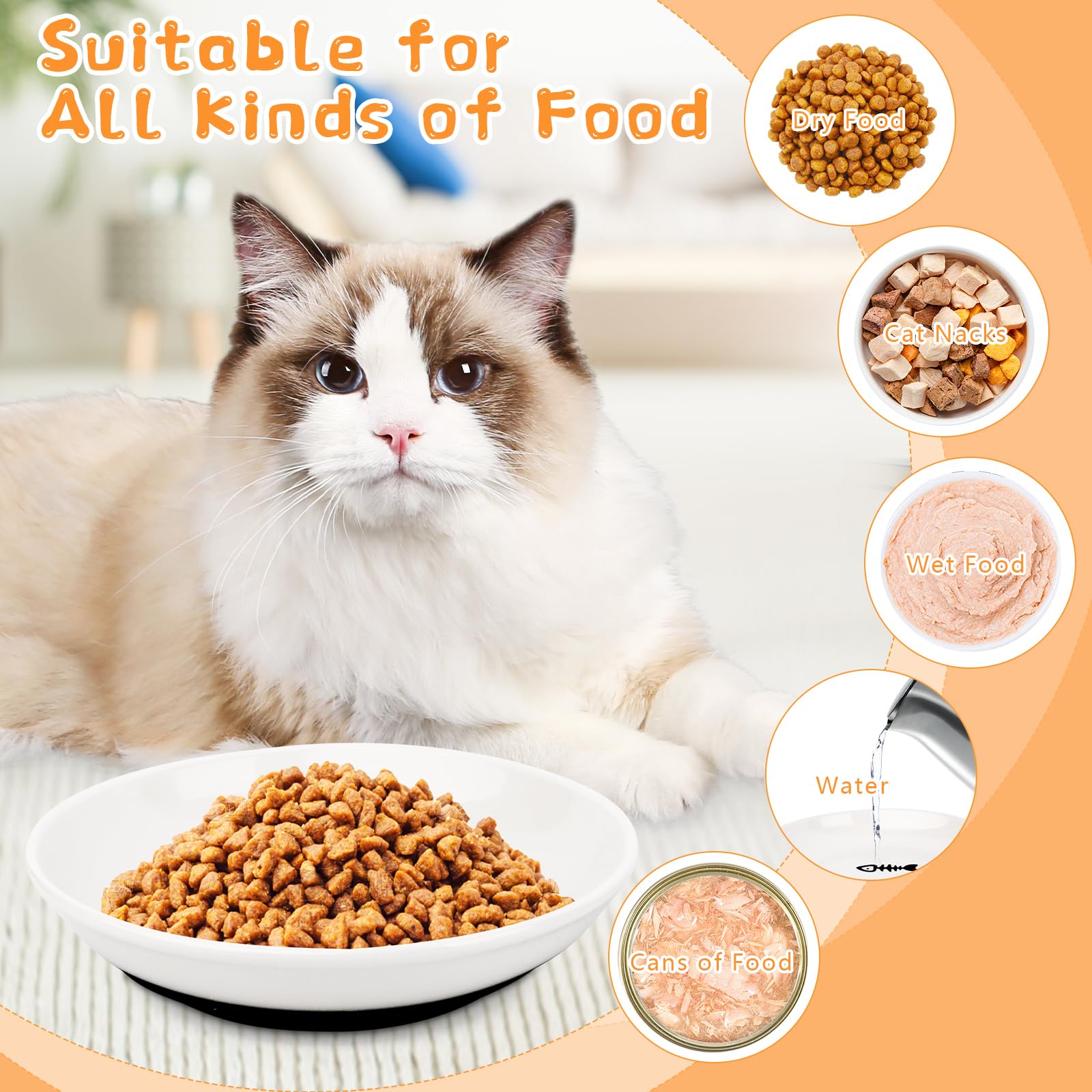 Set di 3 ciotole per gatti, in ceramica, con fondo in silicone antiscivolo, per gatti, piatta, allevia l'affaticamento dei baffi, per cibo e acqua, per gatti