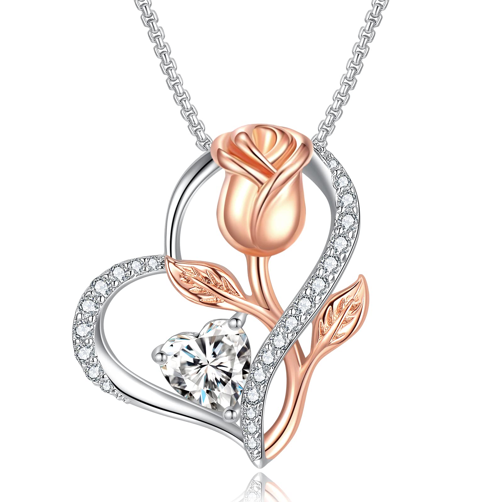 PraelinosLove Heart Pendant Necklace for Women White Gold Plated Rose Flower Silver Tone 5A CZ Christmas Valentine Mother's Day Birthday Jewelry Gifts For Her Mom Daughter Wife Girls Gift(White)