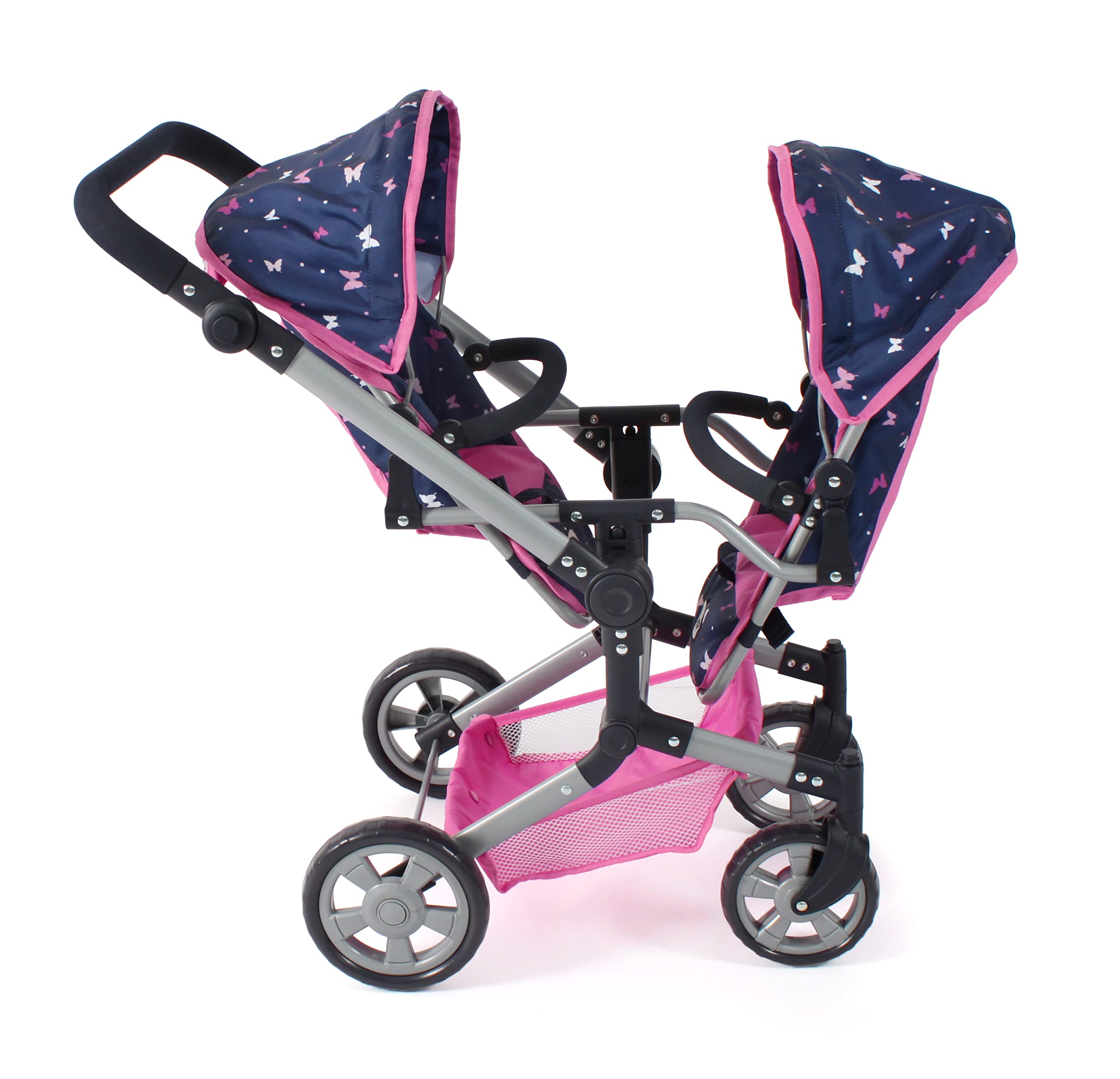 Bayer Chic 2000® Wózek dla lalek Linus Duo – Butterfly Navy Pink – składany wózek dla lalek bliźniaczek – regulowany uchwyt 50-82 cm – lalki do 50 cm – 4-8 J.