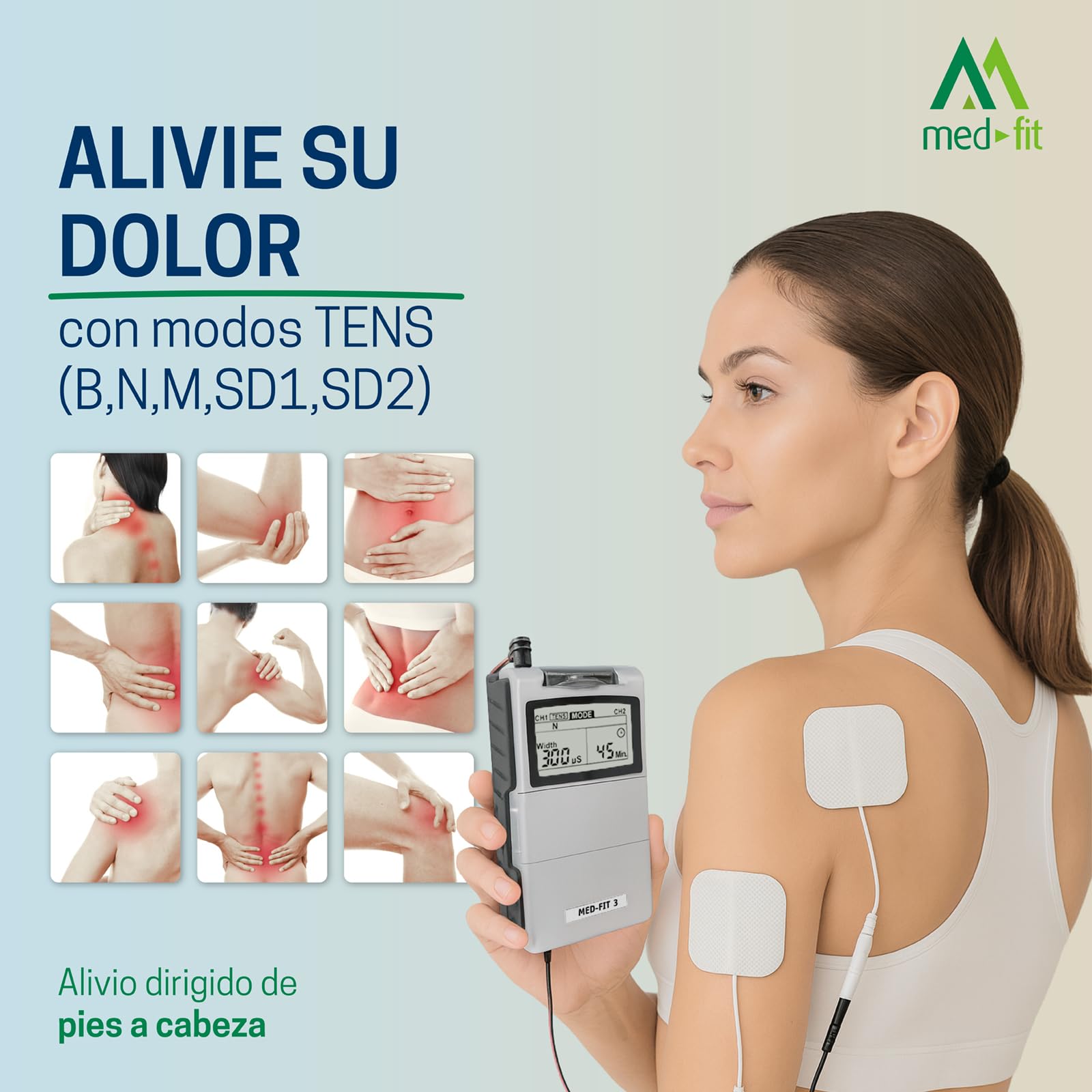 Med-Fit 3 Electroestimulador TENS y EMS - Dispositivo Médico Clase IIa para Dolor de Espalda, Ciática, Artritis, Rodilla, Hombro y Rehabilitación Muscular