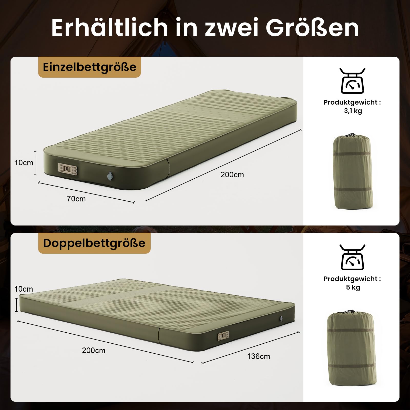 Ytaoeo Camping Isomatte Selbstaufblasend 10CM Dicke Memory-Schaum Isomatte Elektrische aufblasbare Schlafmatte 9,5 R-Wert Luftmatratze für Outdoor, Zelt, Wandern, Auto (Armeegrün, 70x200cm)