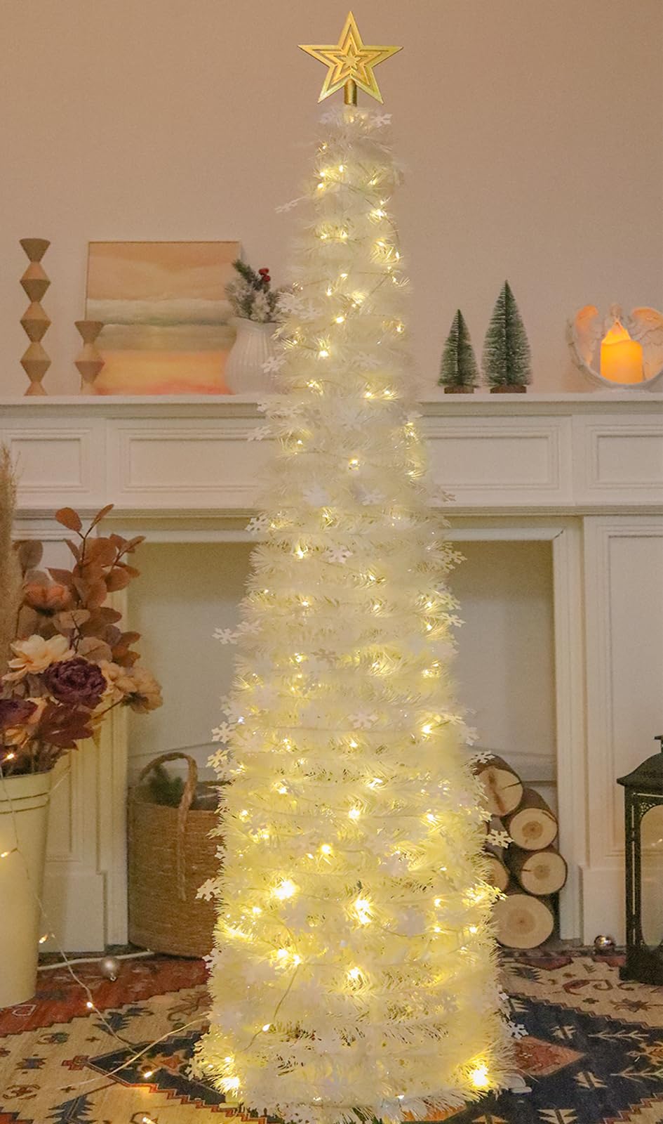 HMASYO Sapin de Noël pop-up de 1,5 m avec lumières minuterie, sapin de Noël blanc avec flocons de neige, sapin de Noël artificiel pliable pour la maison, le bureau, assemblage facile